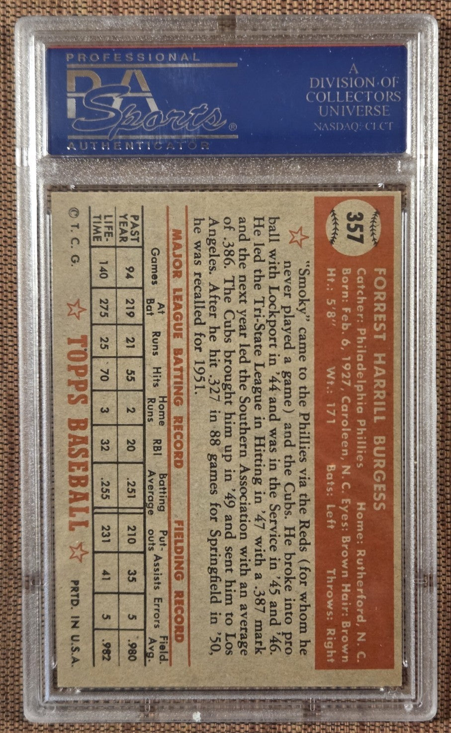 1952 Topps #357 Smoky Burgess Philadelphia Phillies Baseball Card PSA 7 High #1