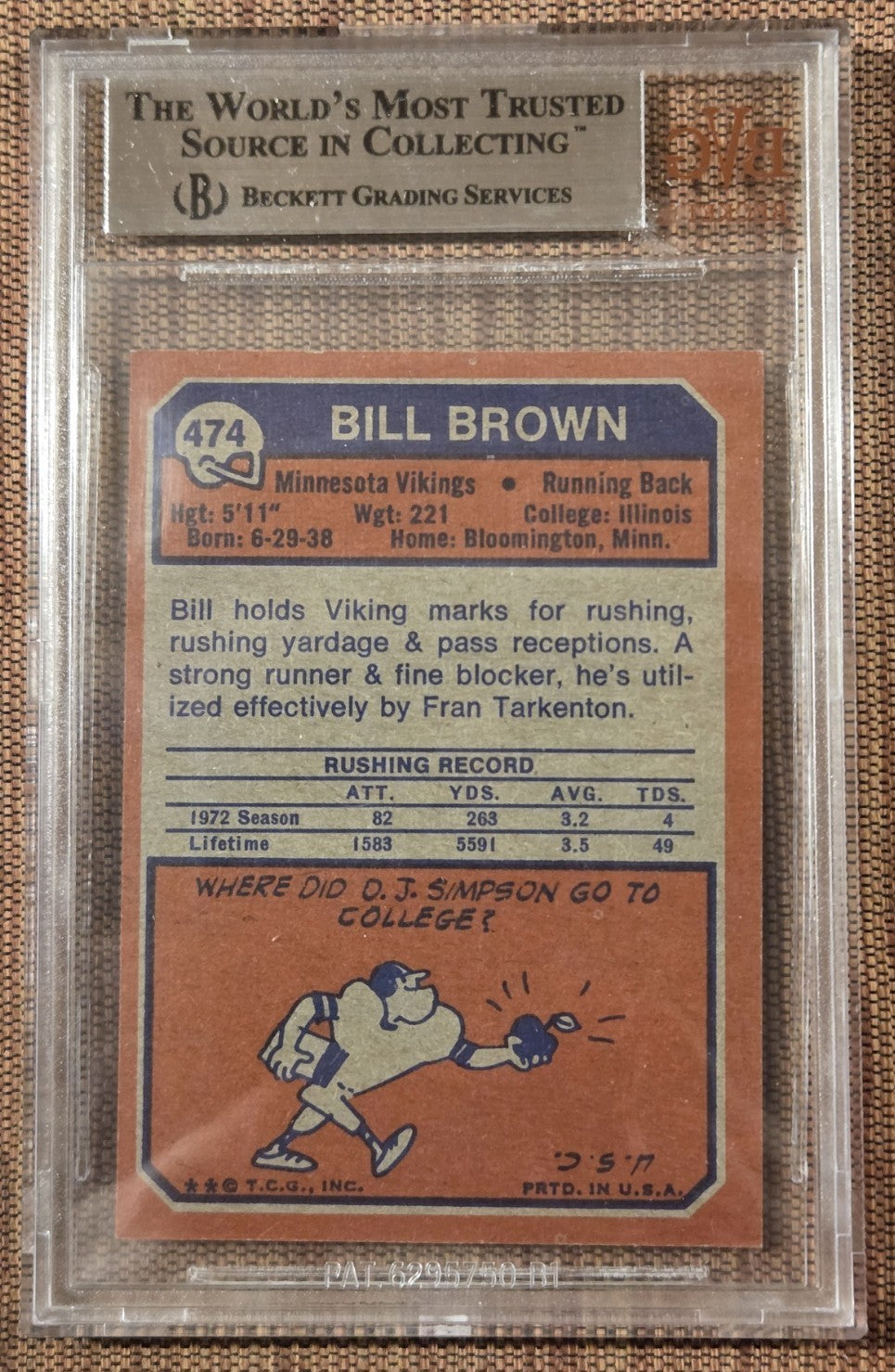 1973 Topps #474 Bill Brown Minnesota Vikings Original Football Card BVG 8.51