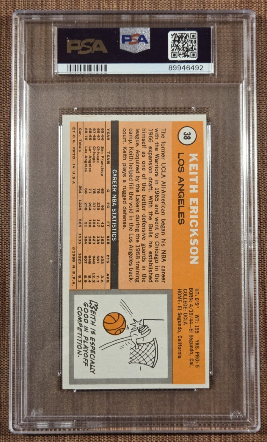 1970 Topps Tall Boy #38 Keith Erickson Los Angeles Lakers Basketball Card PSA 71