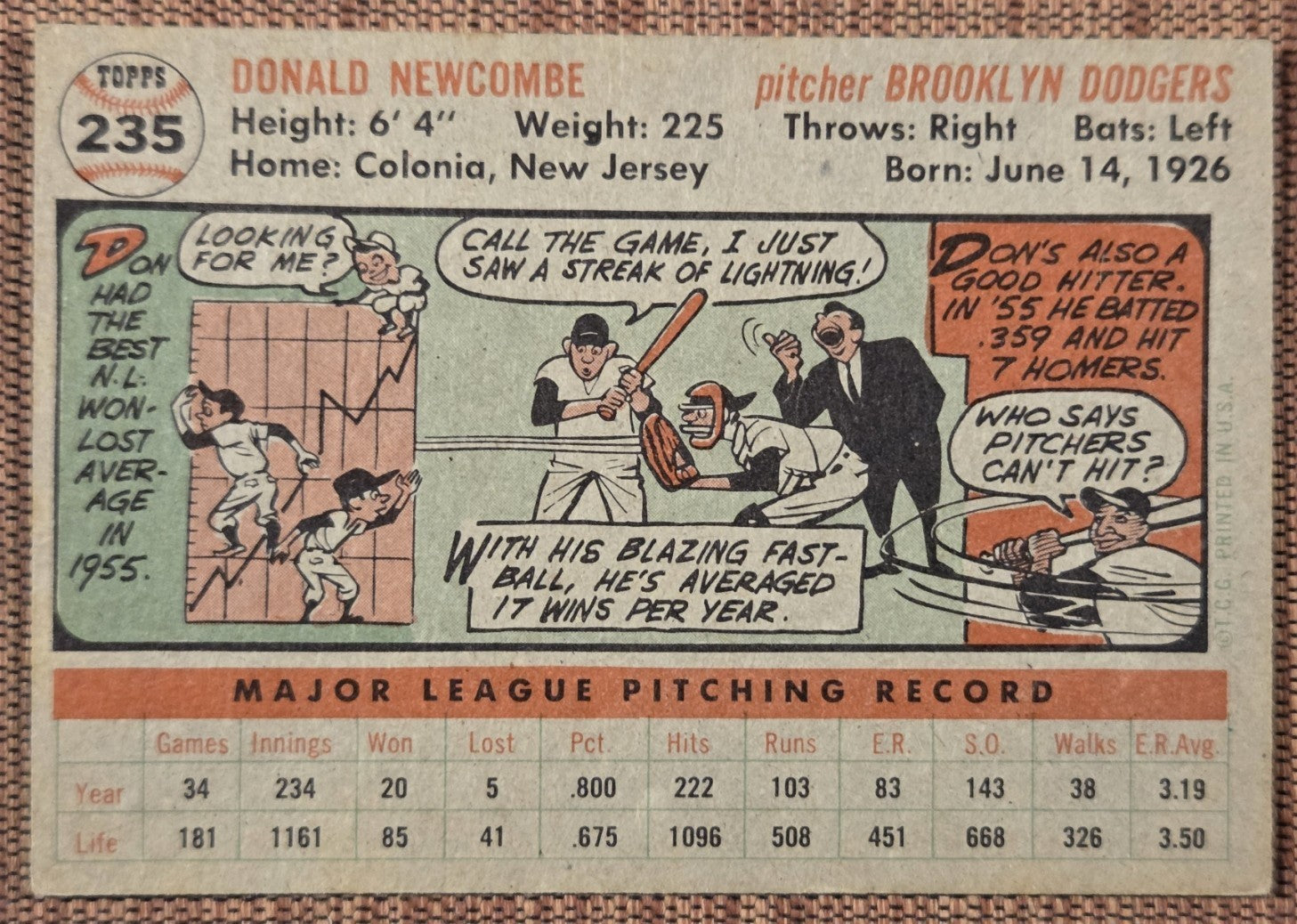 1956 Topps #235 Don Newcombe Brooklyn Dodgers Vintage Original Baseball Card5