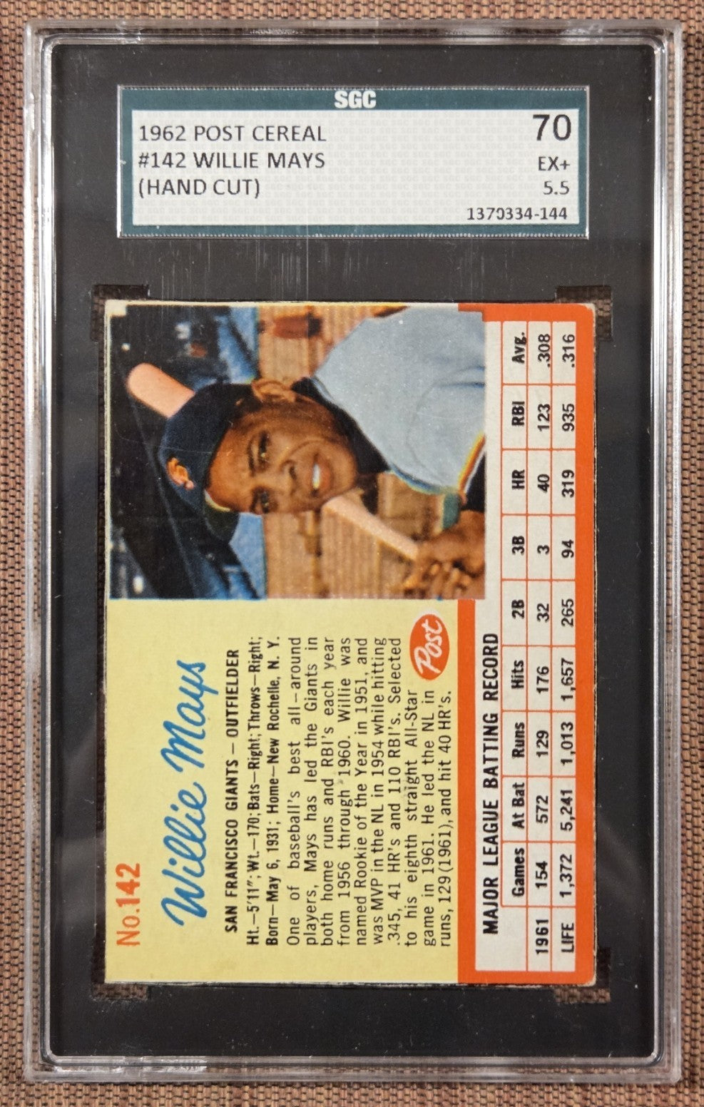 1962 Post #142 Willie Mays San Francisco Giants Baseball Card SGC 5.5 EX+ HOF0