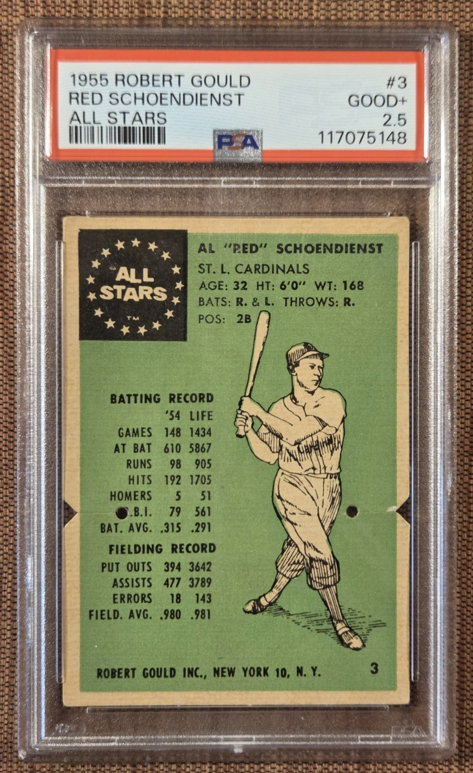 1955 Robert Gould #3 Red Schoendienst St. Louis Cardinals Baseball Card PSA 2.50