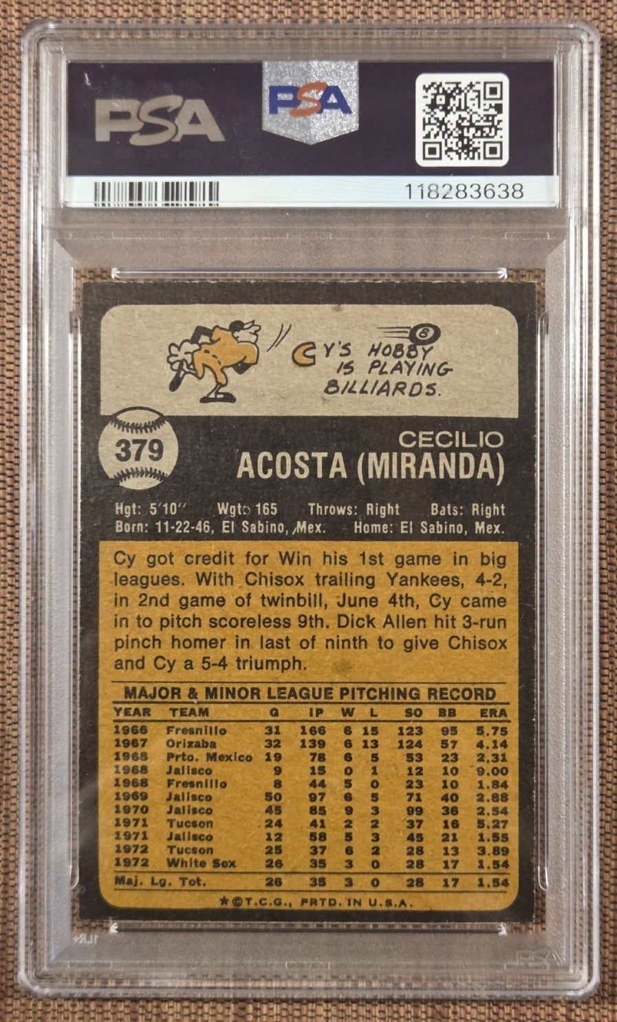 1973 Topps #379 Cy Acosta Chicago White Sox Rookie Baseball Card PSA 7.5 NM+ RC1