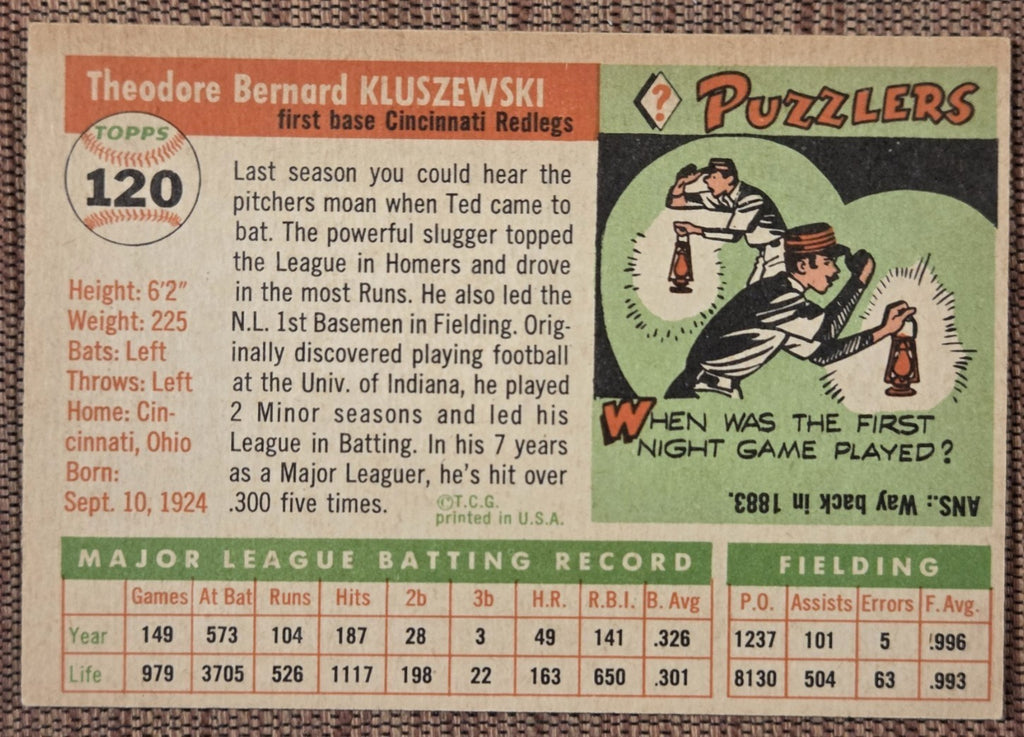 1955 Topps #120 Ted Kluszewski Cincinnati Reds Vintage Original Baseball Card5