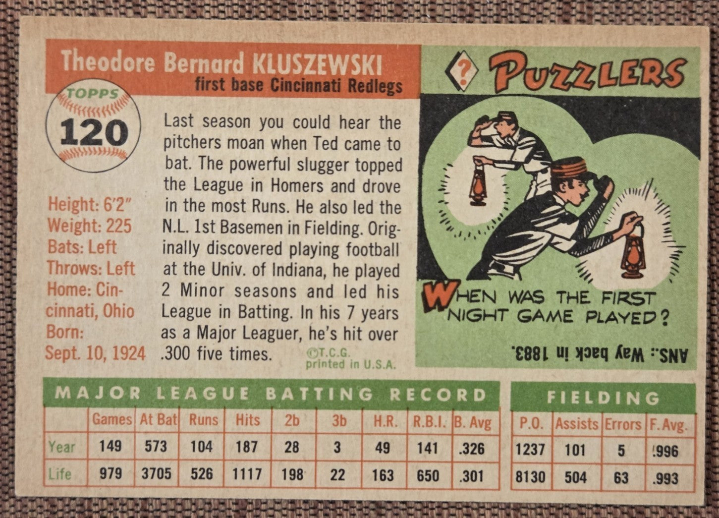 1955 Topps #120 Ted Kluszewski Cincinnati Reds Vintage Original Baseball Card5