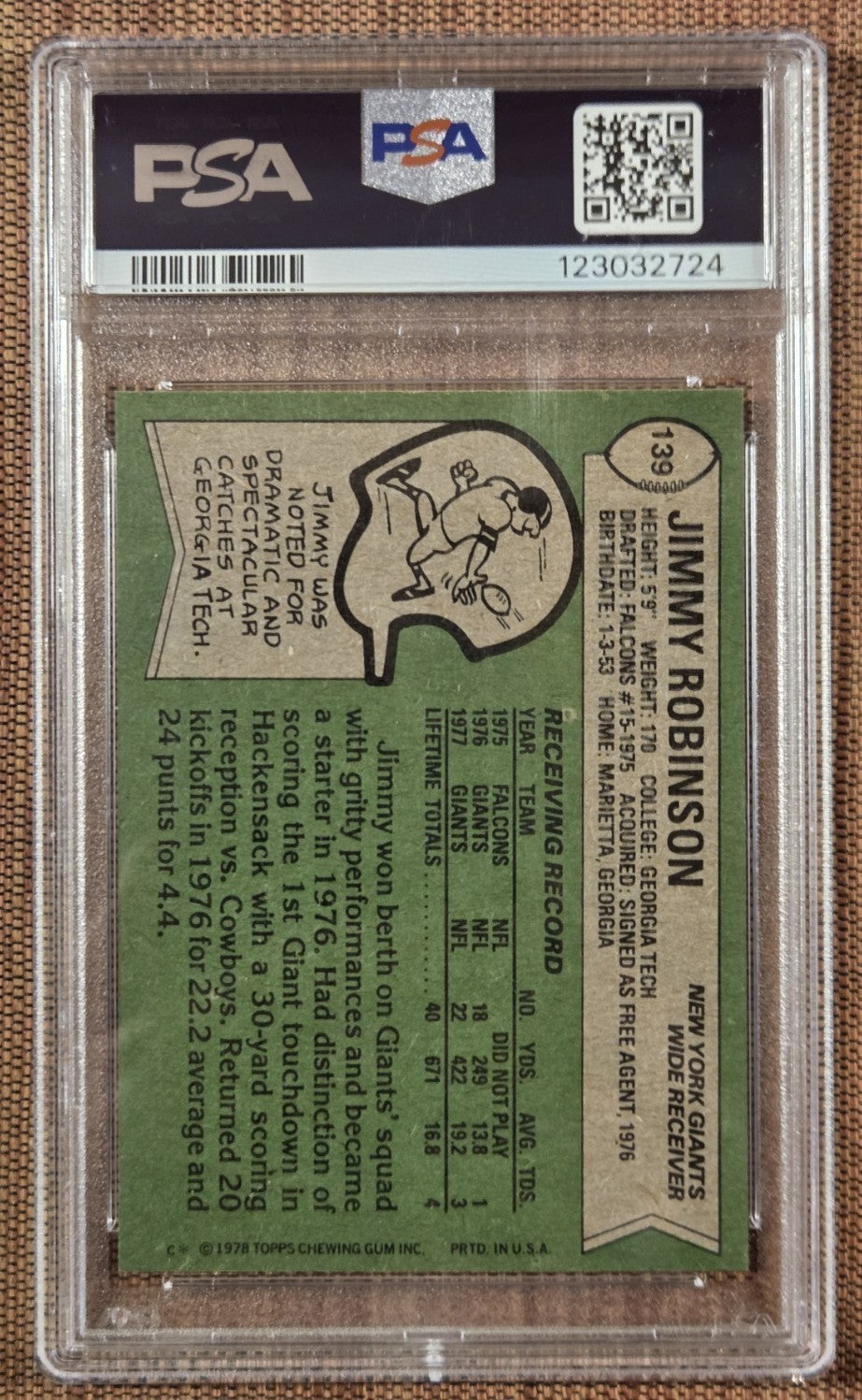 1978 Topps #139 Jimmy Robinson NY Giants Rookie Football Card PSA 9 Mint RC1