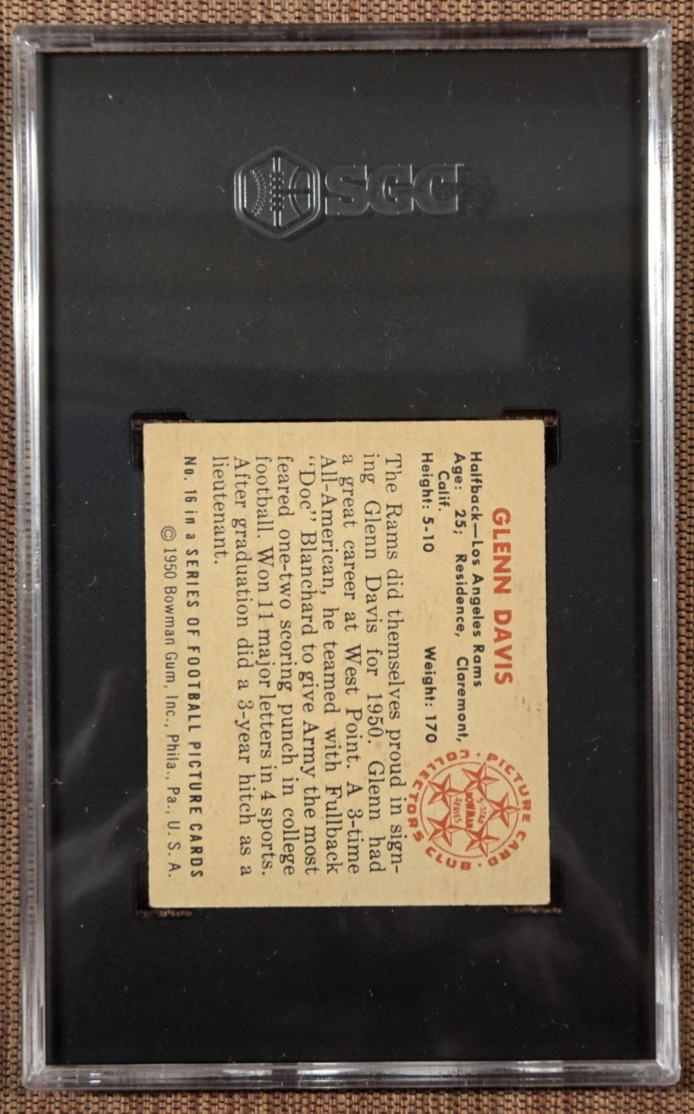 1950 Bowman #15 Glenn Davis Los Angeles Rams Rookie Football Card SGC 4.5 RC1