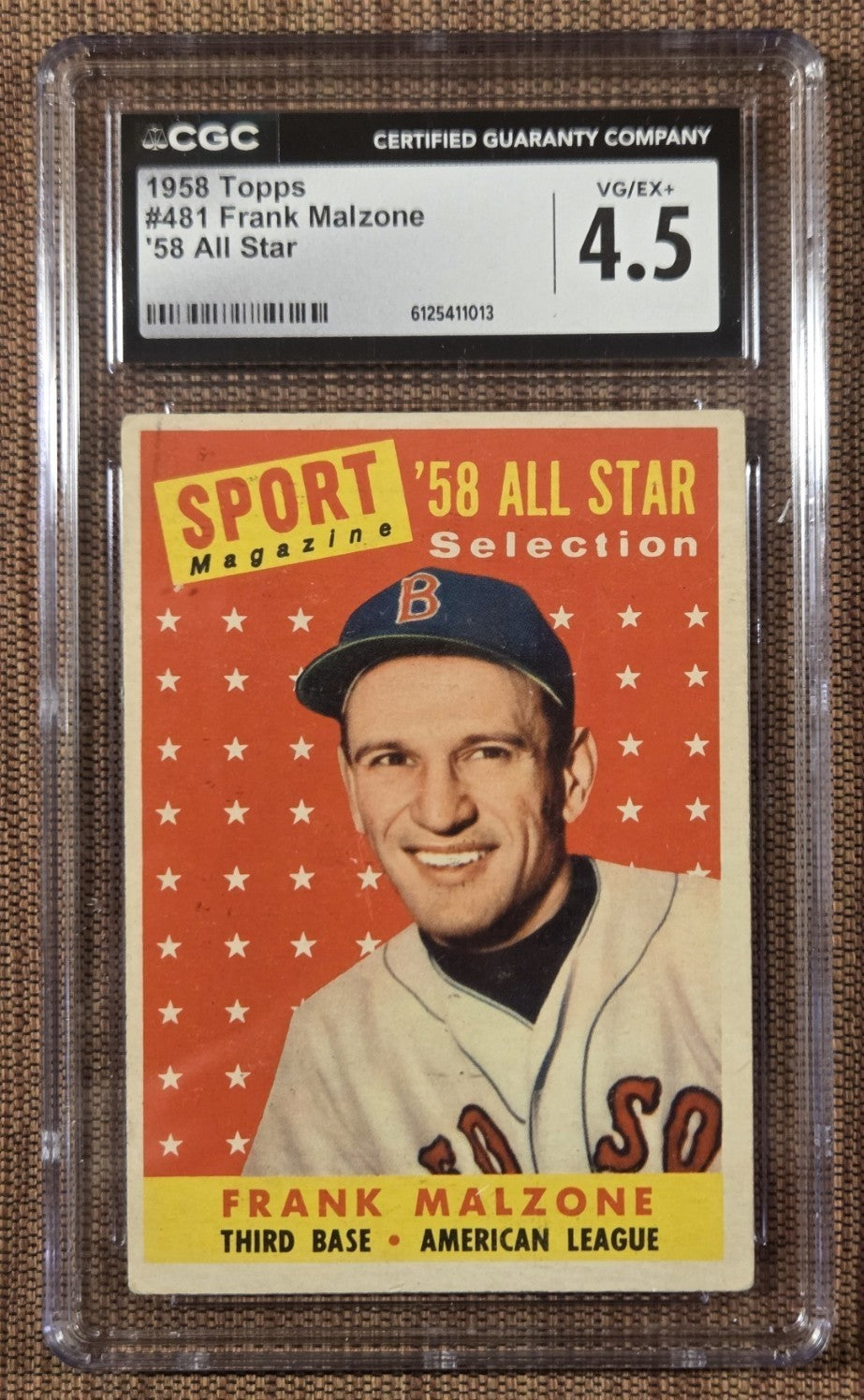 1958 Topps #481 Frank Malzone Boston Red Sox Original Baseball Card CGC 4.50
