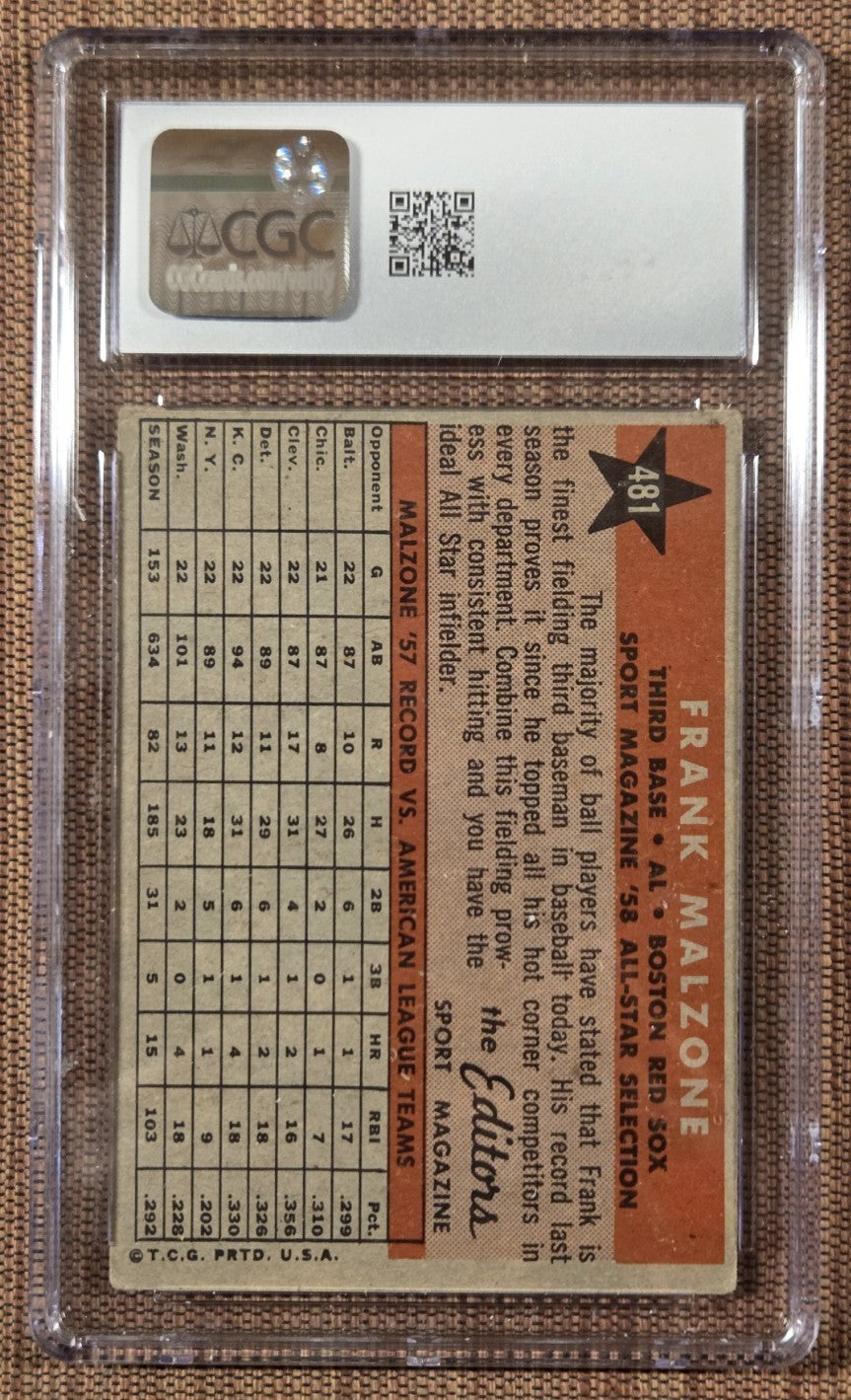 1958 Topps #481 Frank Malzone Boston Red Sox Original Baseball Card CGC 4.51