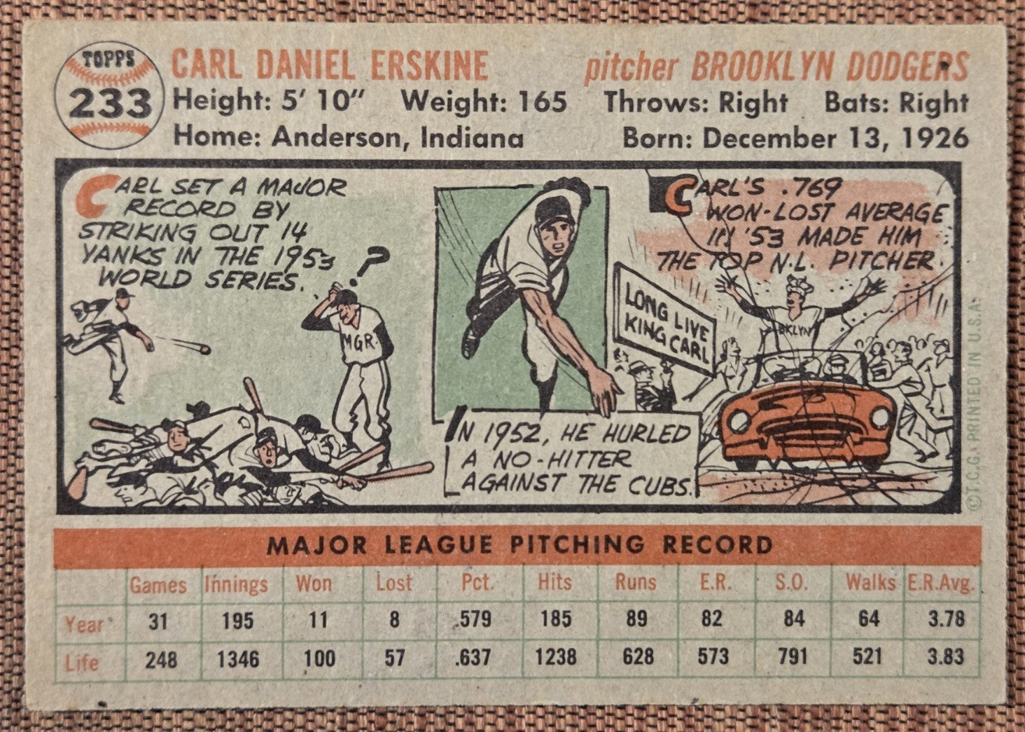 1956 Topps #233 Carl Erskine Brooklyn Dodgers Vintage Original Baseball Card5
