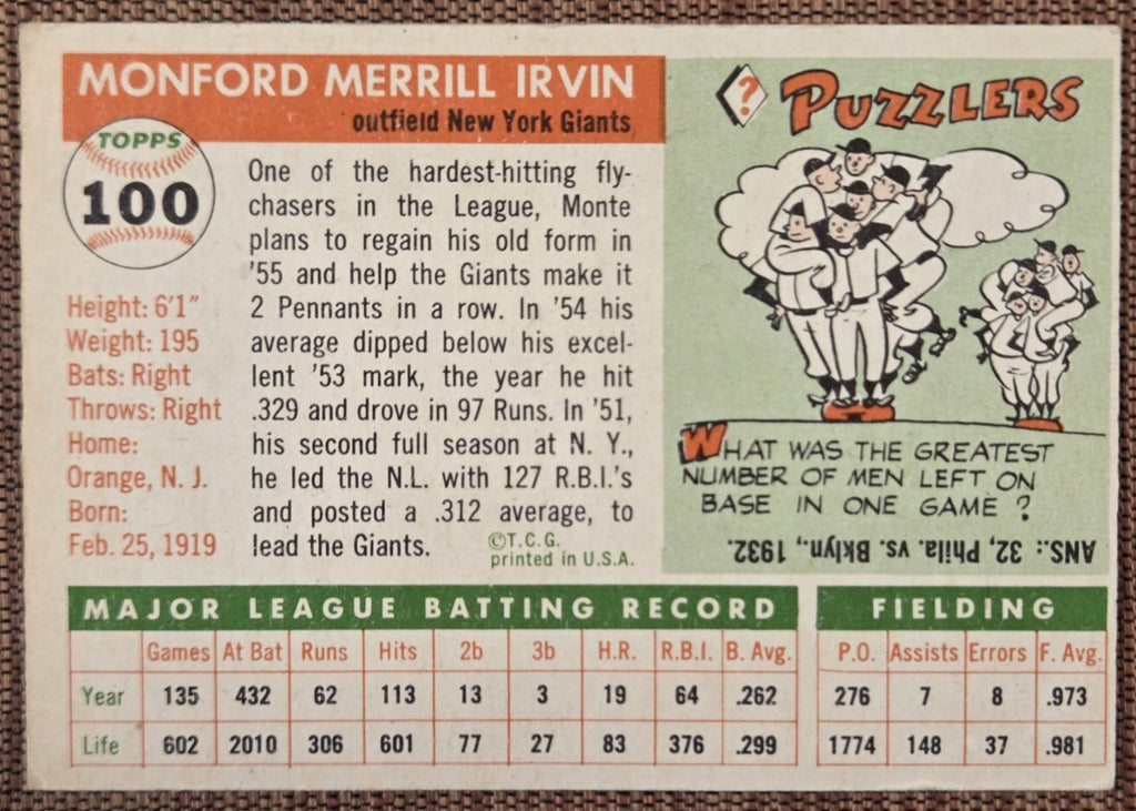 1955 Topps #100 Monte Irvin New York Giants Vintage Original Baseball Card HOF5