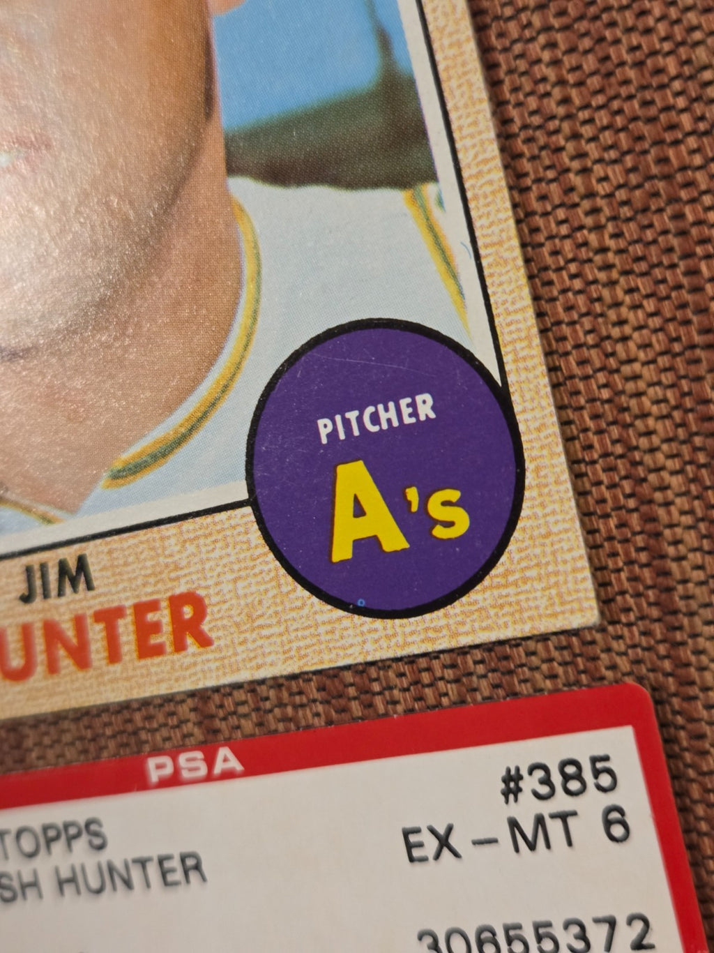 1968 Topps #385 Catfish Hunter Oakland A's PSA 6 cracked Baseball Card HOF3