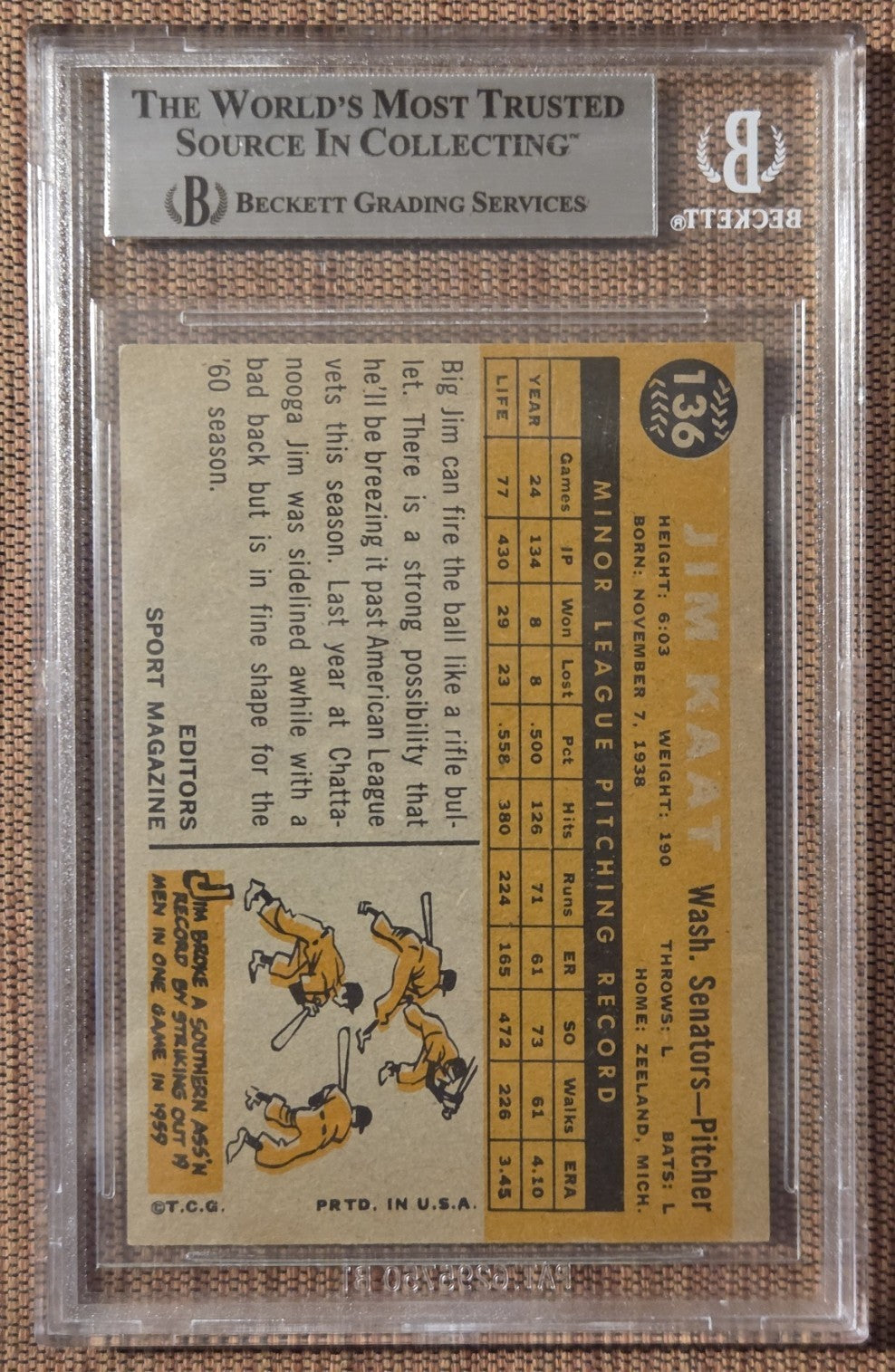 1960 Topps Venezuelan #136 Jim Kaat Senators Rookie Baseball Card BGS 7 RC HOF1