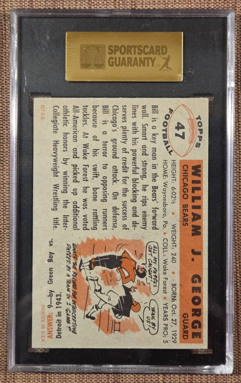 1956 Topps #47 Bill George Chicago Bears Original Rookie Football Card SGC 7 RC1