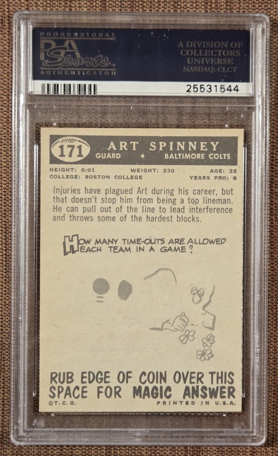 1959 Topps #171 Art Spinney Baltimore Colts Vintage Football Card PSA 9 Mint1