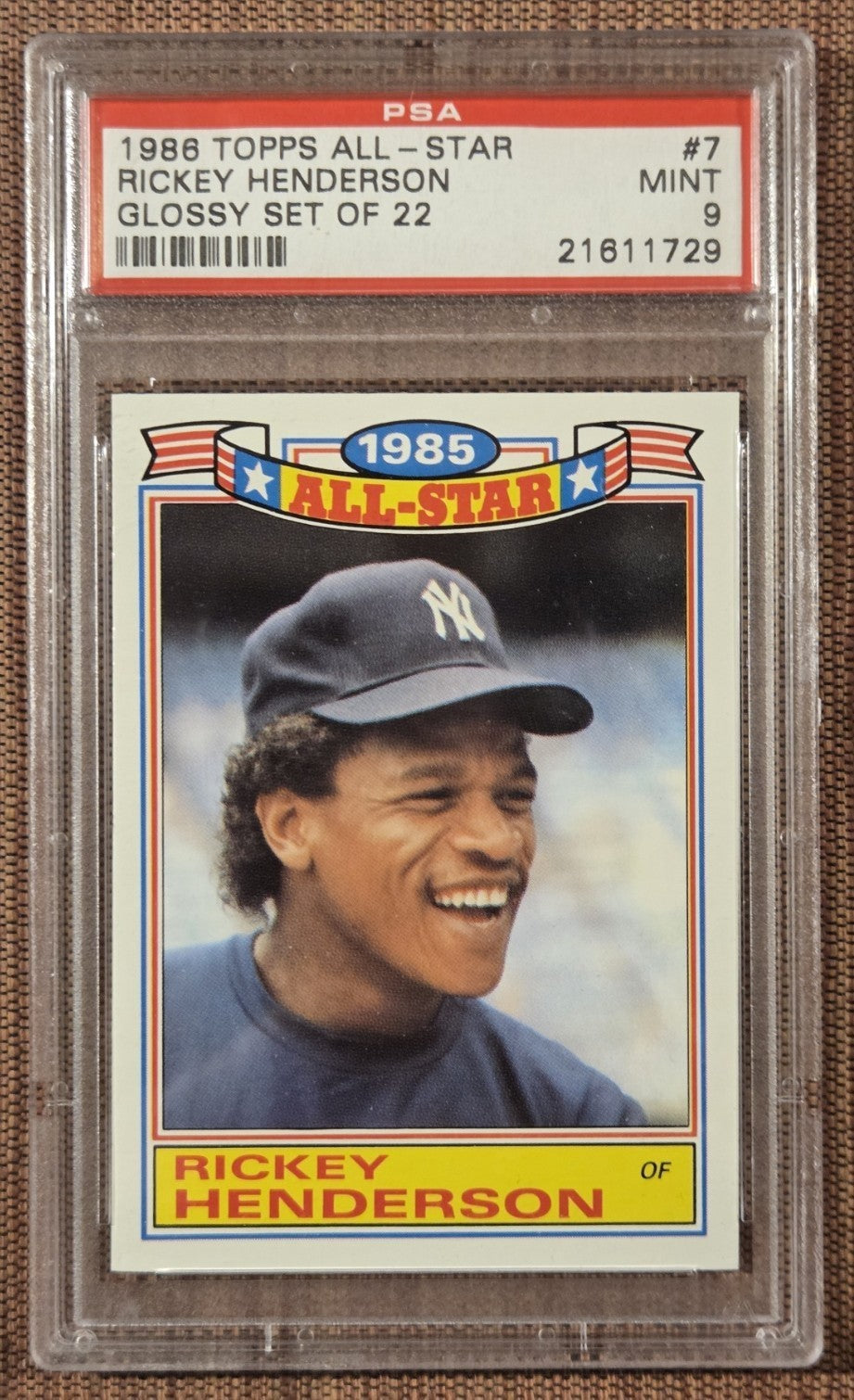 1986 Topps Glossy Set of 22 #7 Rickey Henderson Yankees Baseball Card PSA 9 HOF0