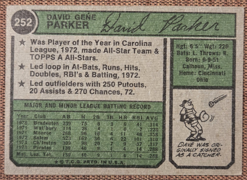 1974 Topps #252 Dave Parker Pittsburgh Pirates Rookie Baseball Card RC HOF5