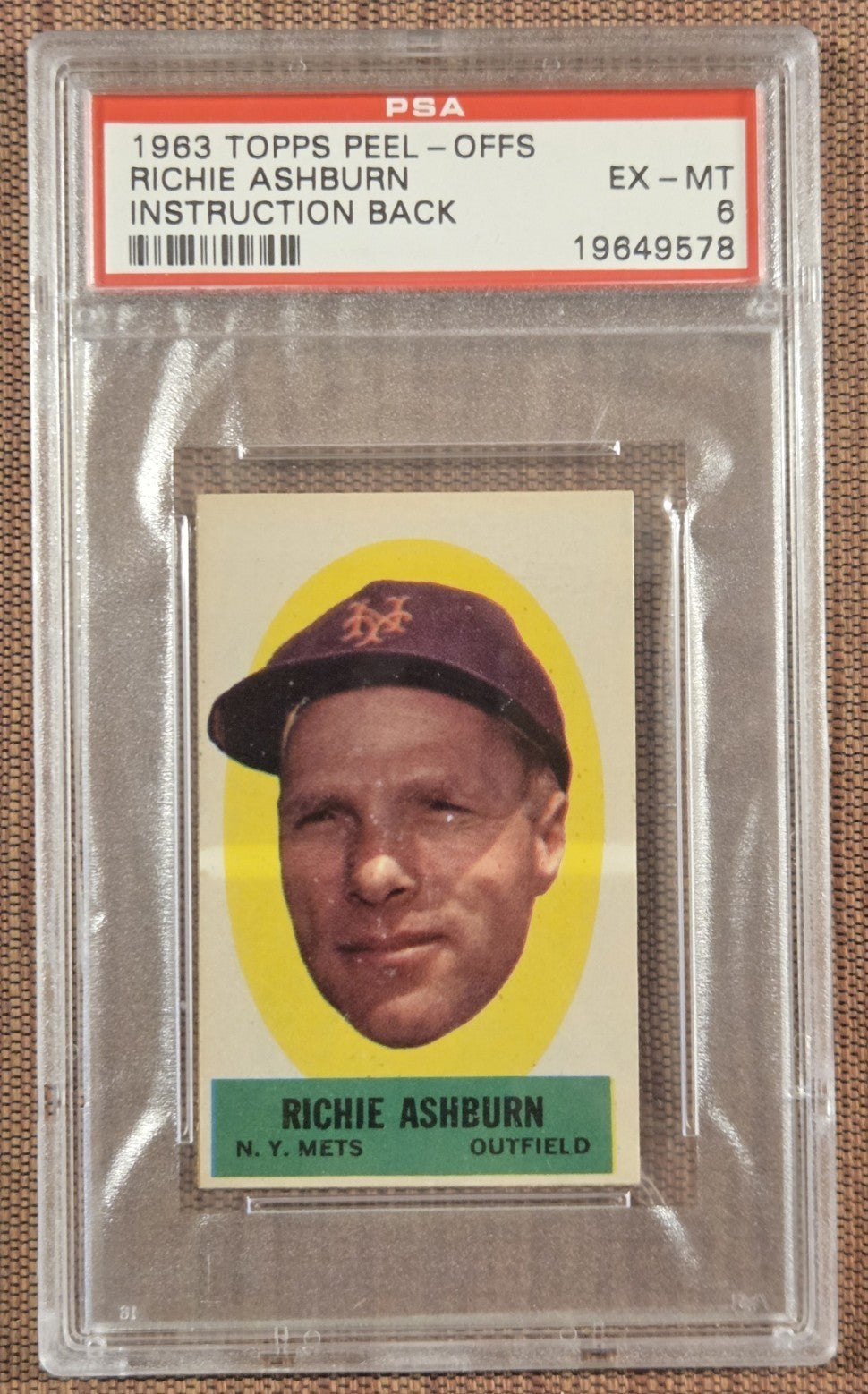 1963 Topps Peel-Offs Inst Back Richie Ashburn Phillies Baseball Card PSA 6 HOF0