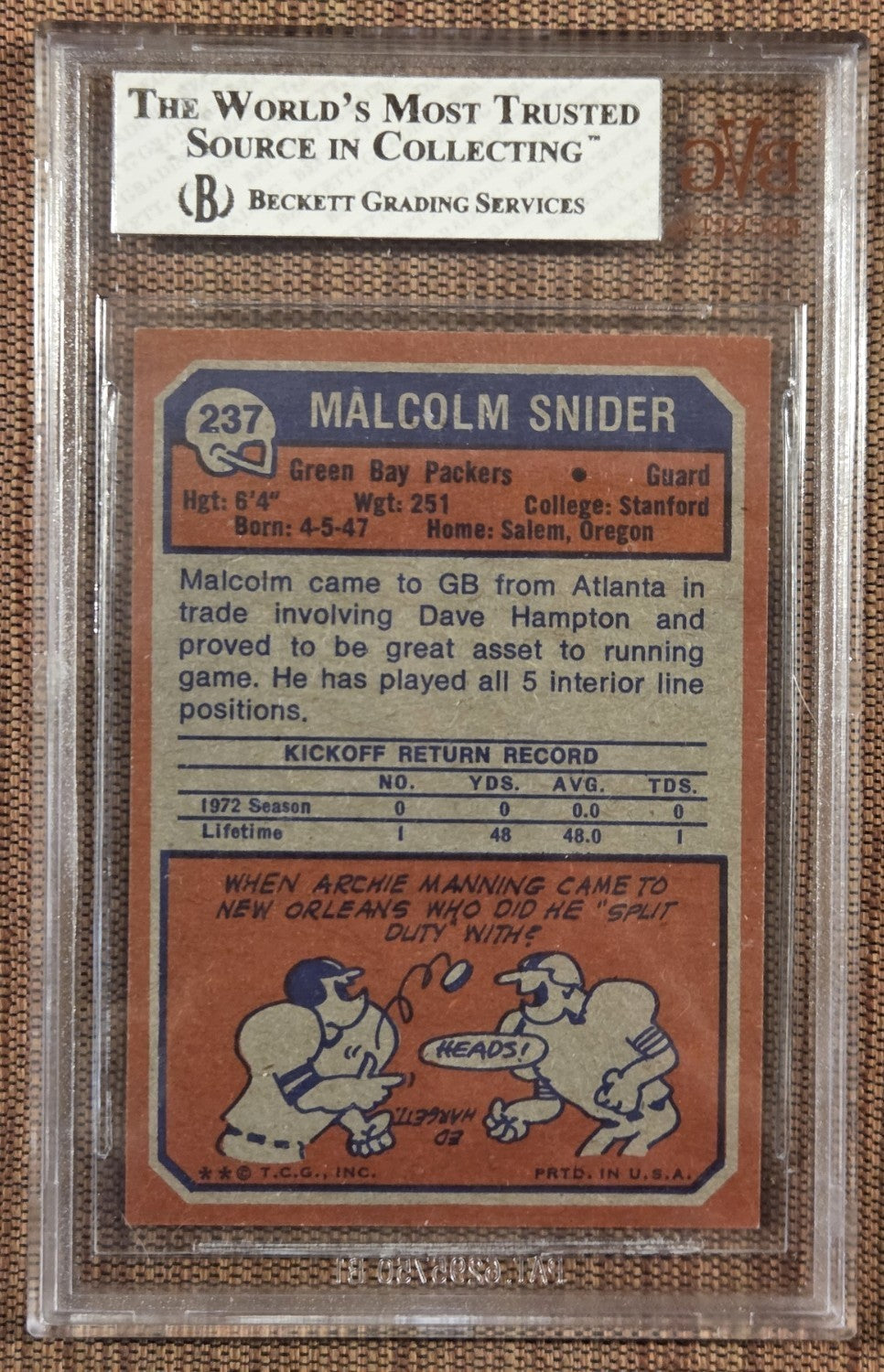 1973 Topps #237 Malcolm Snider Green Bay Packers Rookie Football Card BVG 7.5 RC1