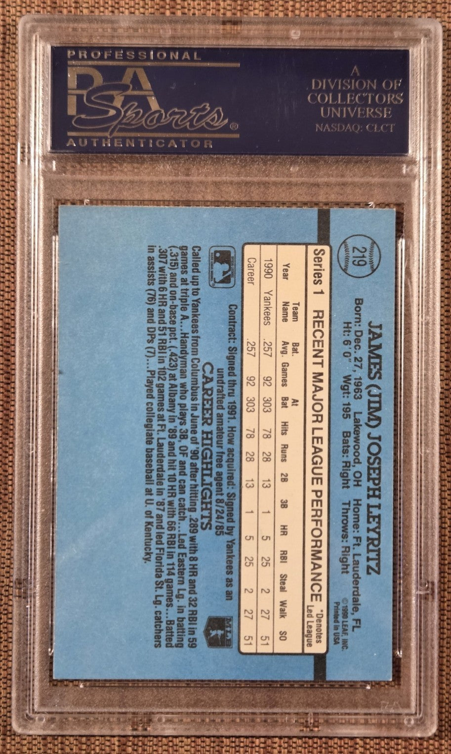 1991 Donruss #219 Jim Leyritz New York Yankees Baseball Card PSA 6/DNA AUTO1