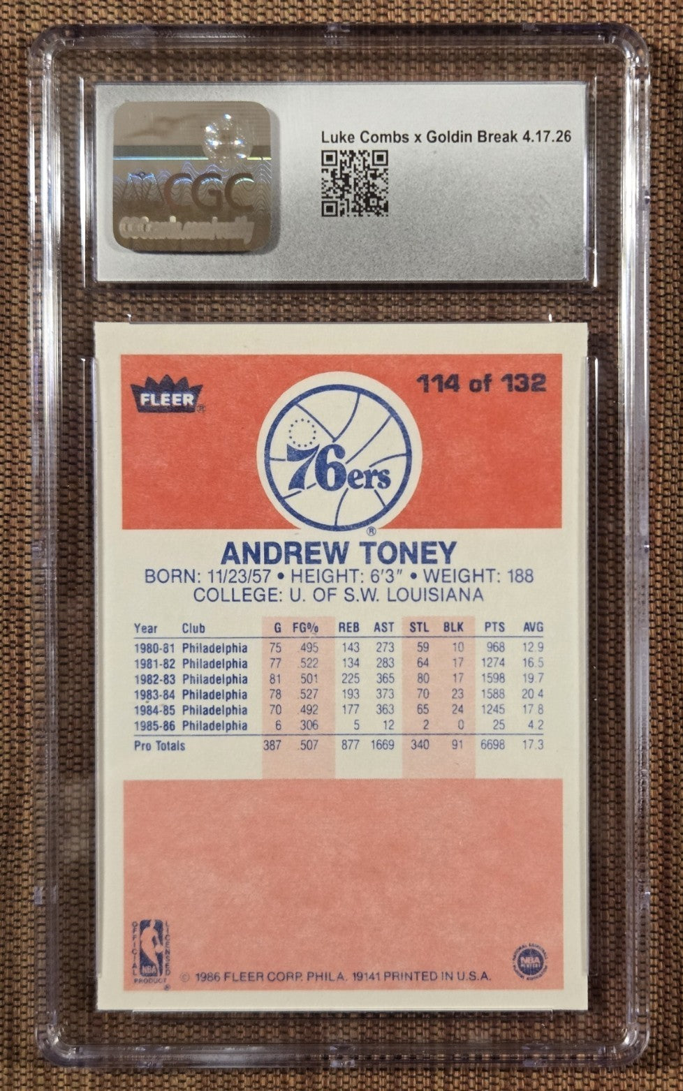 1986 Fleer #114 Andrew Toney Philadelphia 76ers Basketball Card CGC 7.5 NM+1