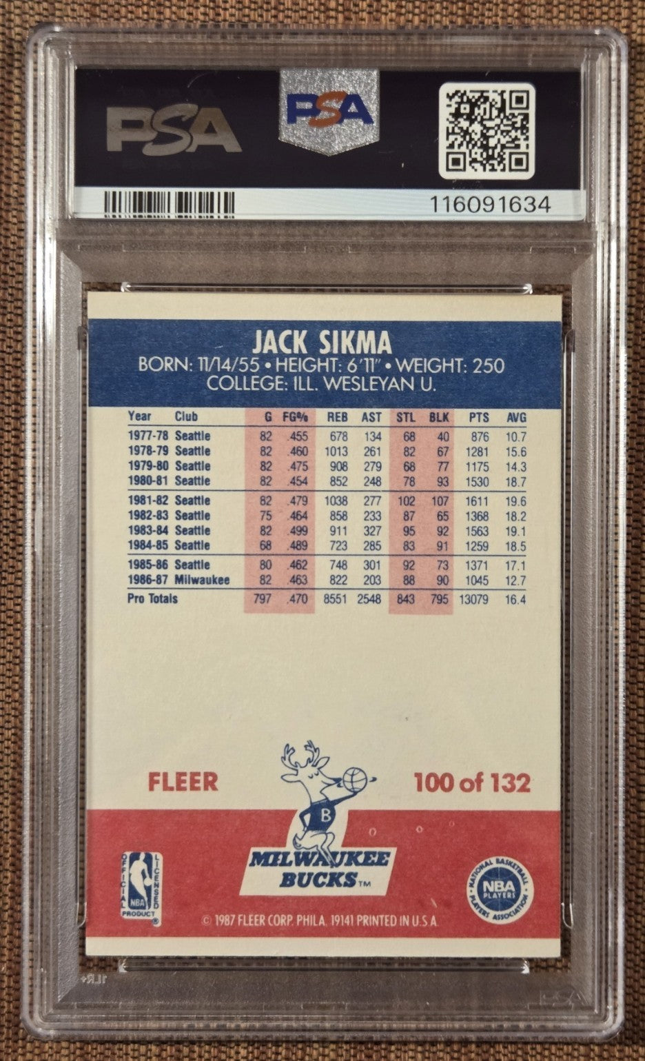 1987 Fleer #100 Jack Sikma Milwaukee Bucks Basketball Card PSA 8 / DNA 8 AUTO1