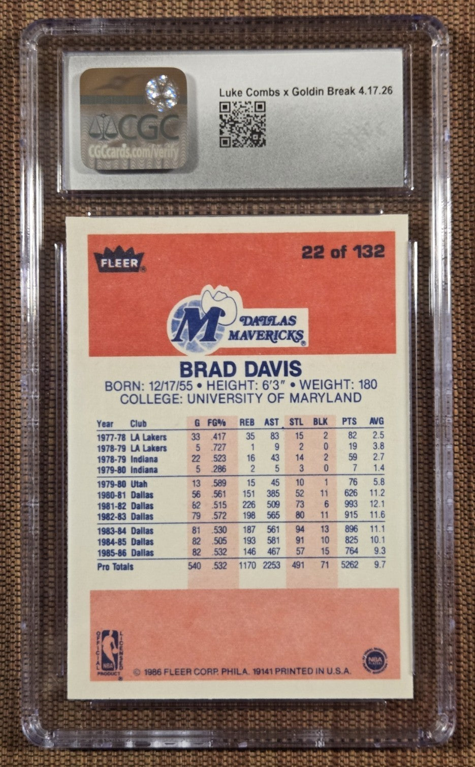 1986 Fleer #22 Brad Davis Dallas Mavericks Rookie Basketball Card CGC 7.5 NM+ RC1