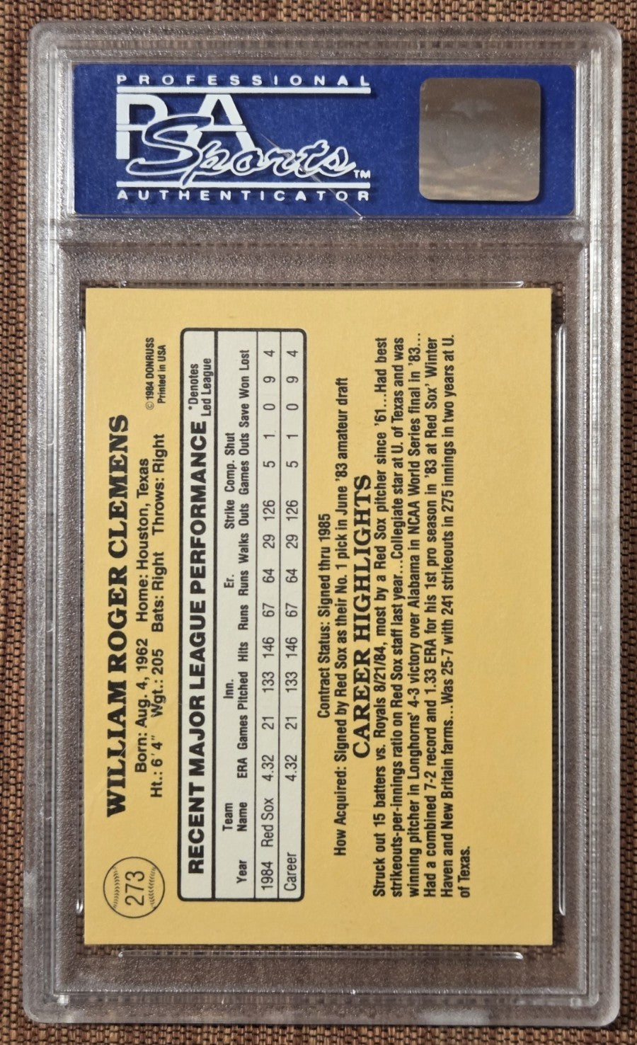 1985 Donruss #273 Roger Clemens Boston Red Sox Rookie Baseball Card PSA 9 RC1