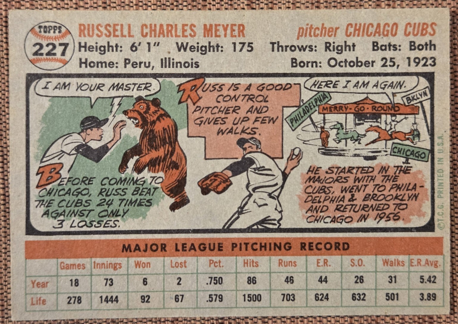 1956 Topps #227 Russ Meyer Chicago Cubs Authentic Vintage Original Baseball Card5