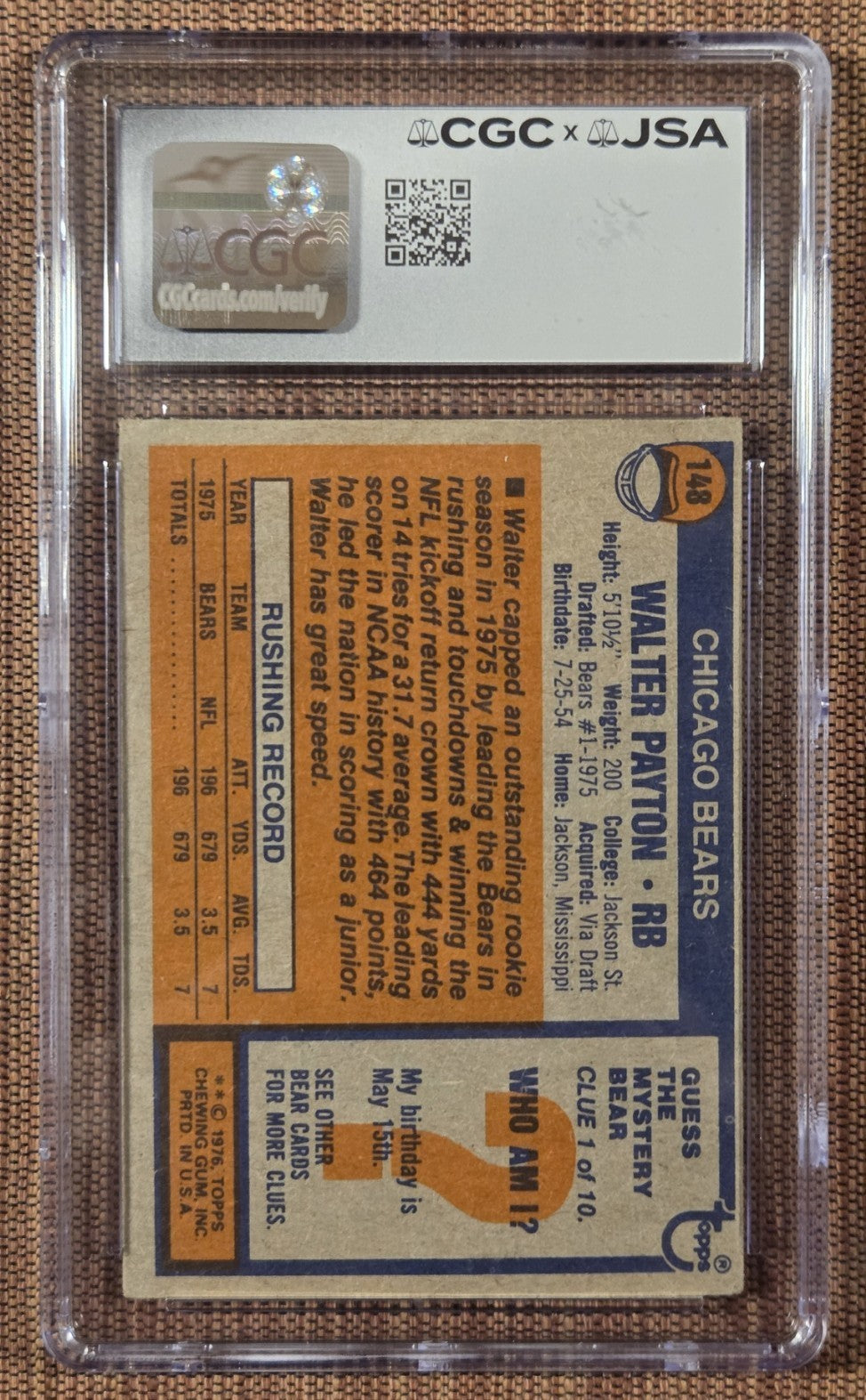 1976 Topps #148 Walter Payton Chicago Bears Football Card CGC 3/JSA 8 AUTO RC1