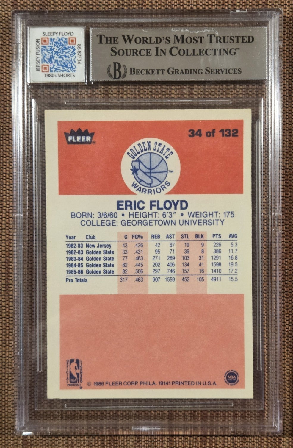 1986 Fleer #34 Eric Floyd Warriors Rookie Basketball Card BGS/BAS 8 AUTO JSY RC1