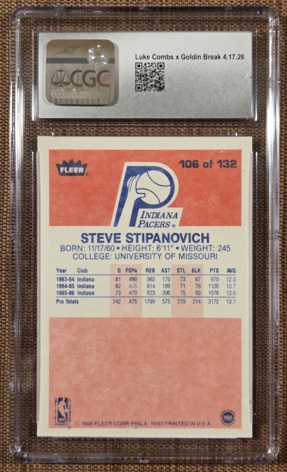 1986 Fleer #106 Steve Stipanovich Indiana Pacers Basketball Card CGC 7.5 NM+1