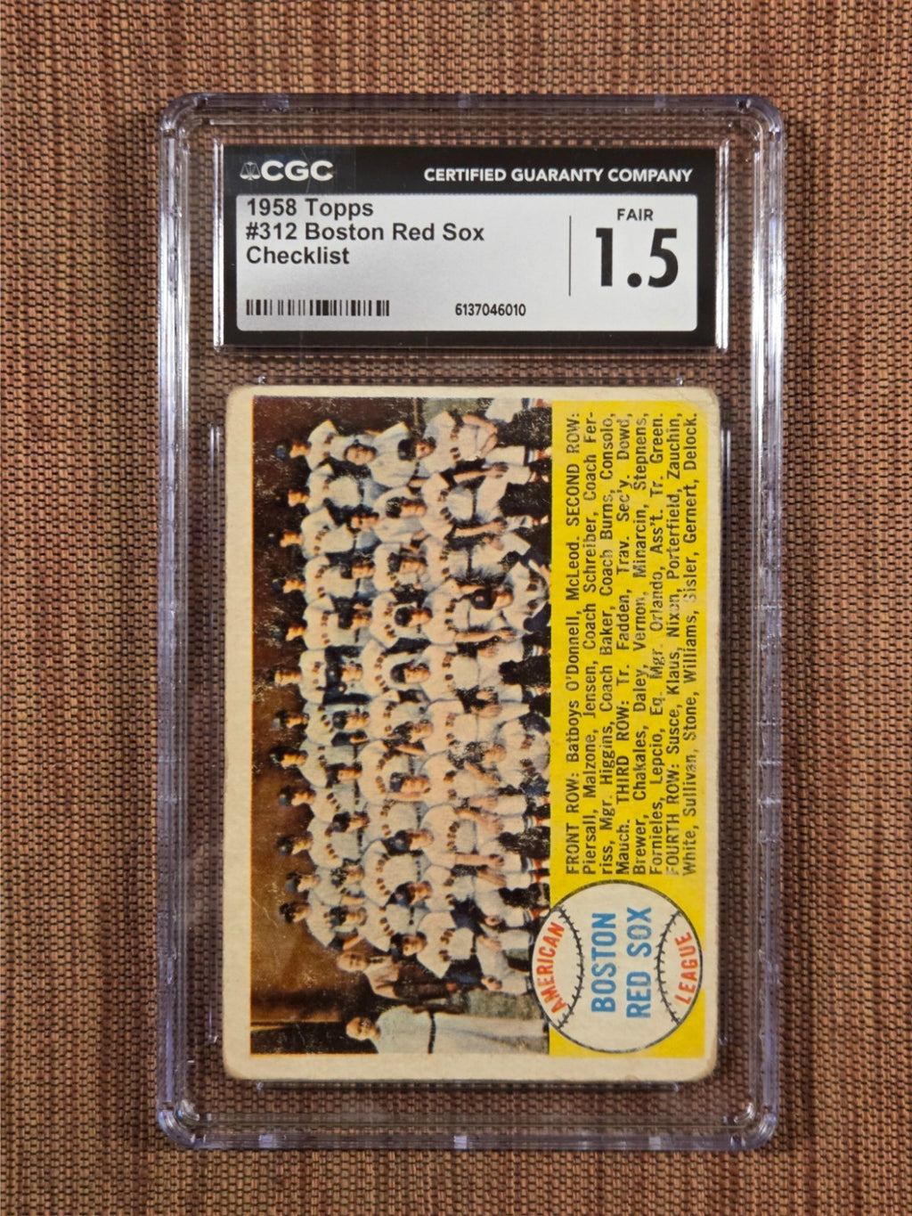 1958 Topps #312 Boston Red Sox Baseball Card CGC 1.5 Ted Williams Jensen Sisler0