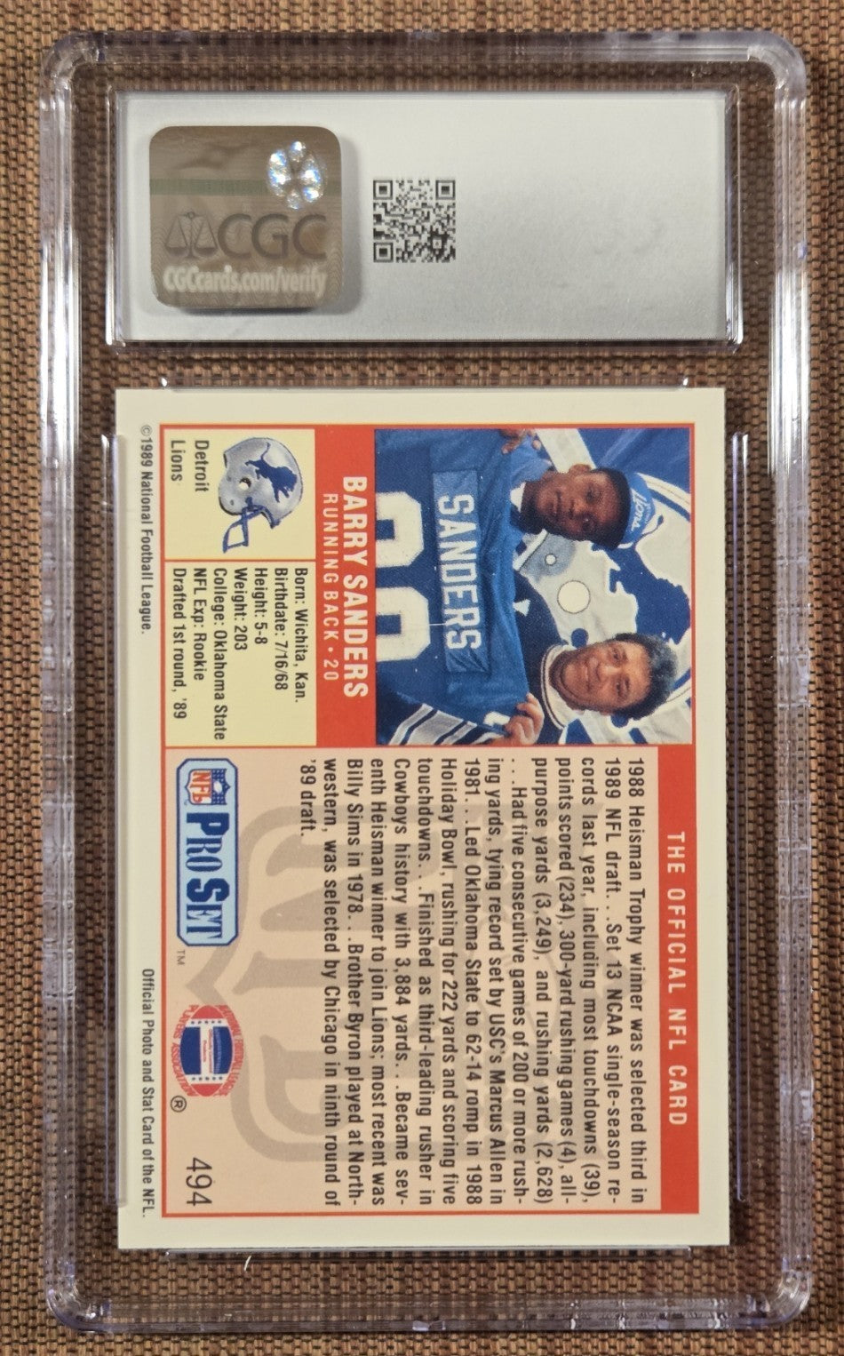 1989 Pro Set #494 Barry Sanders Detroit Lions Rookie Football Card CGC9.5 RC HOF1