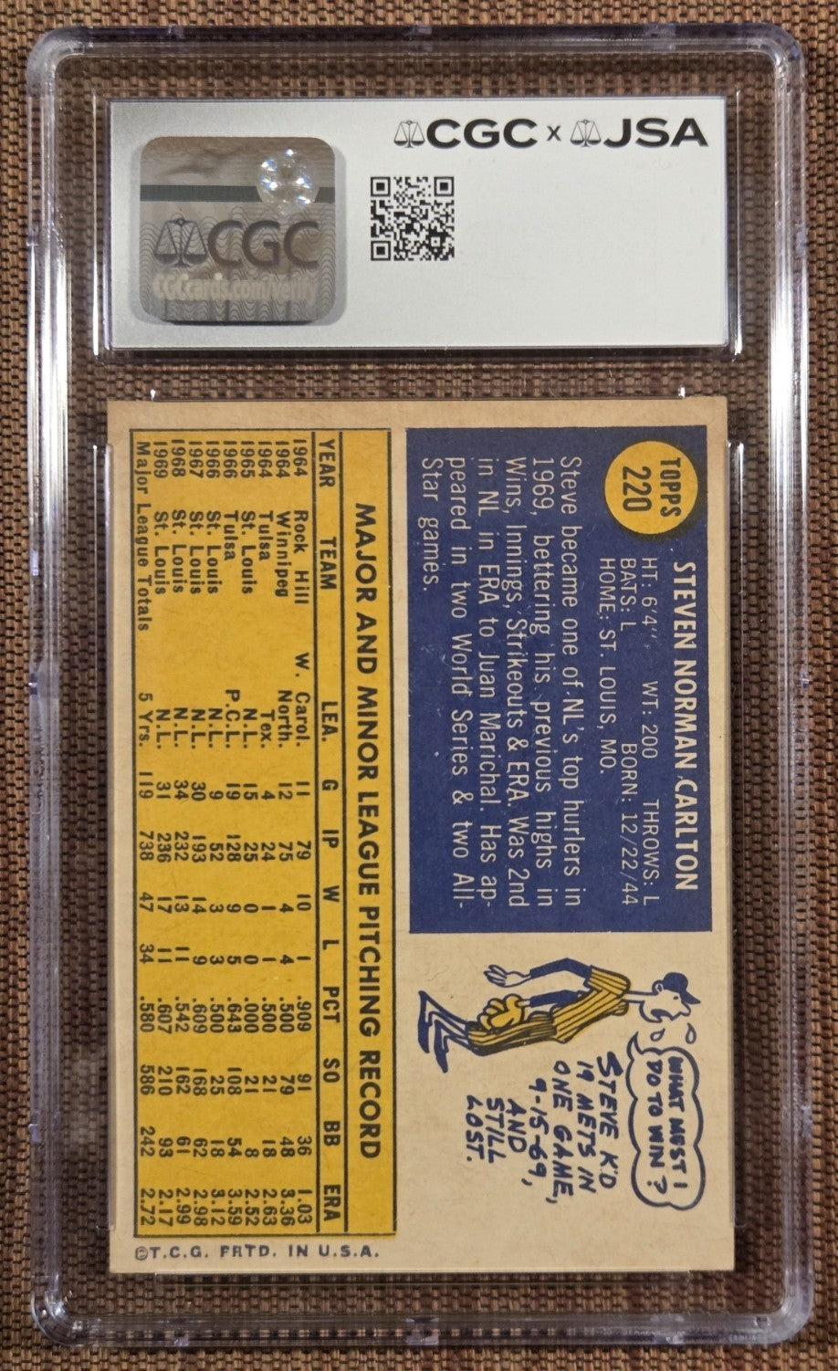 1970 Topps #220 Steve Carlton St. Louis Cardinals Baseball Card CGC6/JSA 10 AUTO1