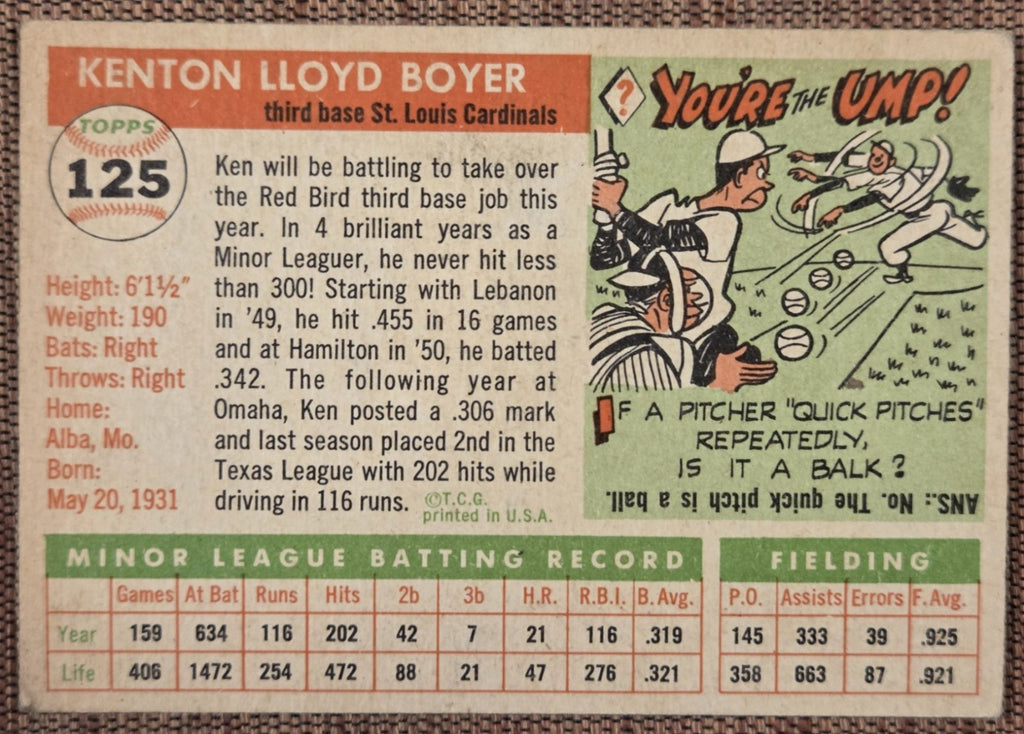 1955 Topps #125 Ken Boyer St. Louis Cardinals Original Rookie Baseball Card RC5