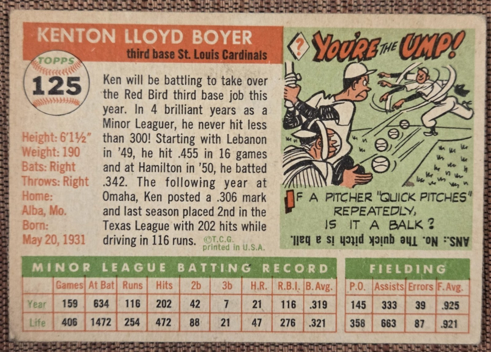 1955 Topps #125 Ken Boyer St. Louis Cardinals Original Rookie Baseball Card RC5
