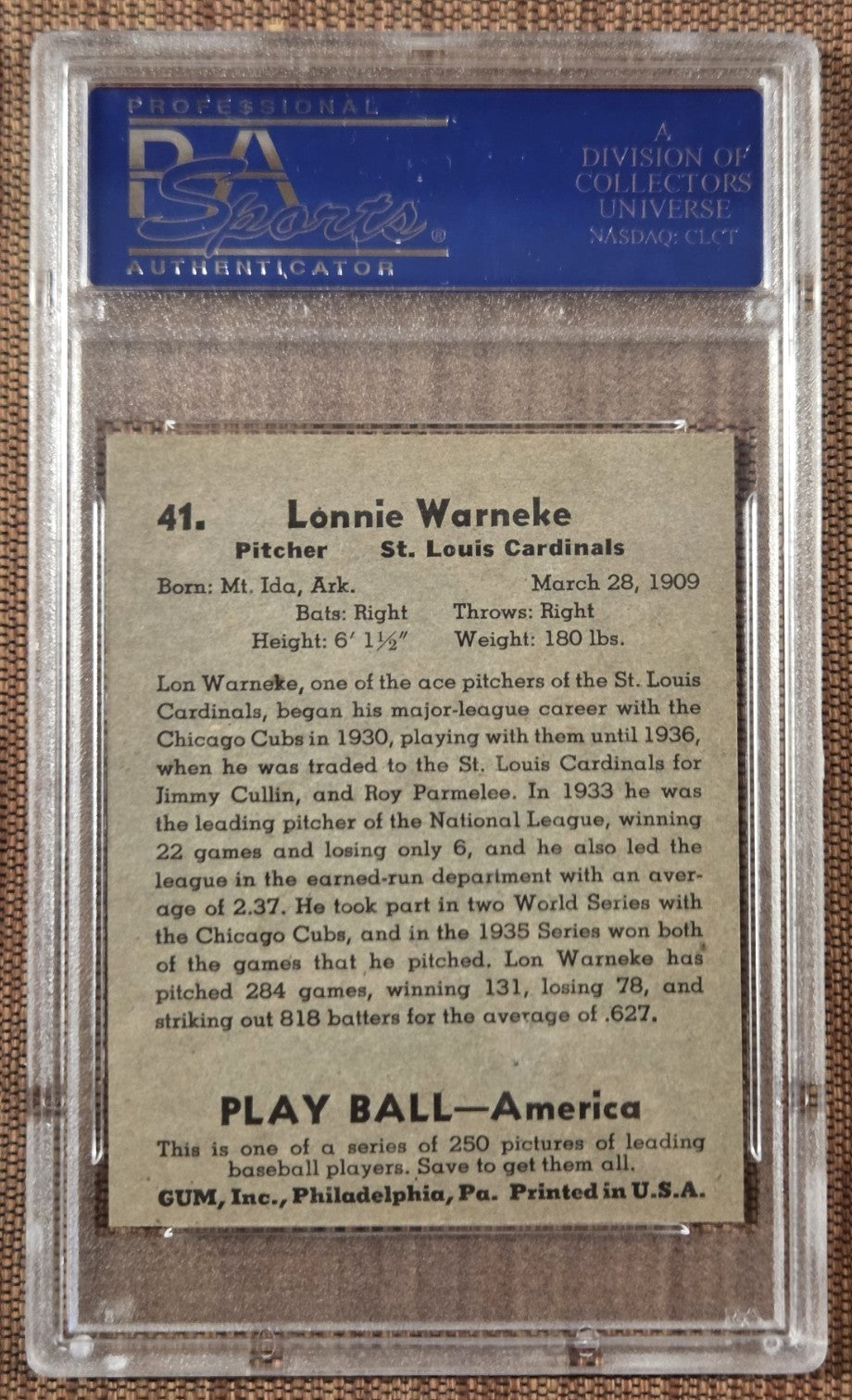 1939 Play Ball #41 Lonnie Warneke Cubs Cardinals Baseball Card PSA 9 Mint POP 31