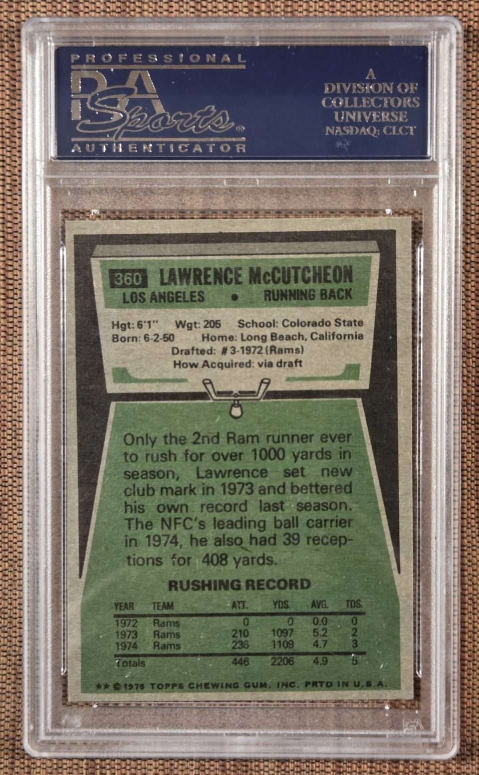 1975 Topps #360 Lawrence McCutcheon LA Rams Rookie Football Card PSA 9 Mint RC1
