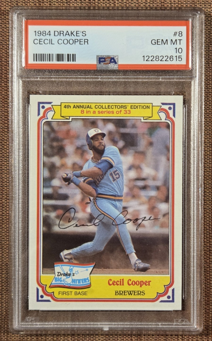 1984 Drake's #8 Cecil Cooper Milwaukee Brewers Baseball Card PSA 10 Gem Mint0