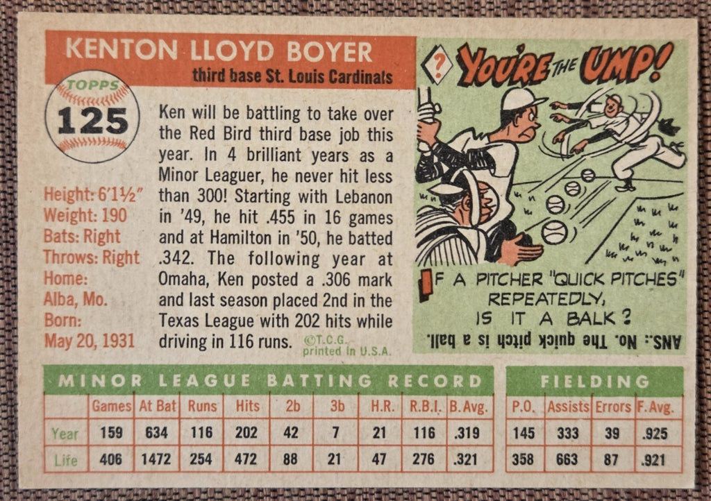 1955 Topps #125 Ken Boyer St. Louis Cardinals Original Rookie Baseball Card RC5
