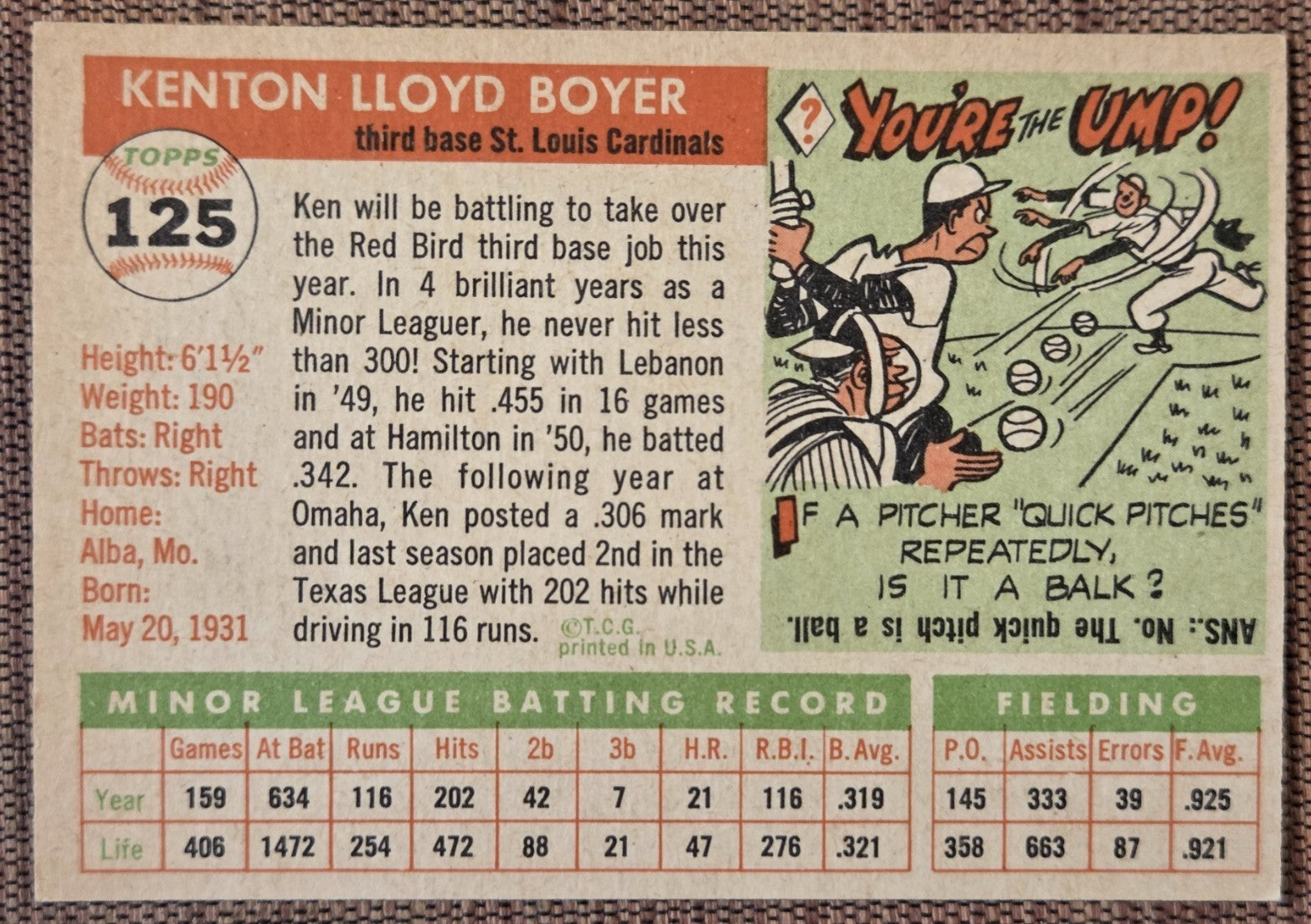 1955 Topps #125 Ken Boyer St. Louis Cardinals Original Rookie Baseball Card RC5