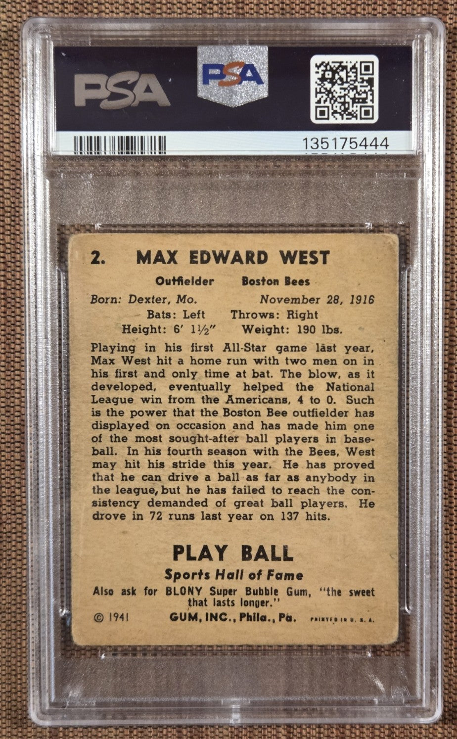 1941 Play Ball #2 Max West Boston Braves Vintage Original Baseball Card PSA 2 GD1
