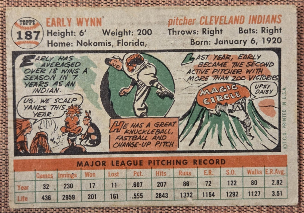 1956 Topps #187 Early Wynn Cleveland Indians Authentic Originl Baseball Card HOF5