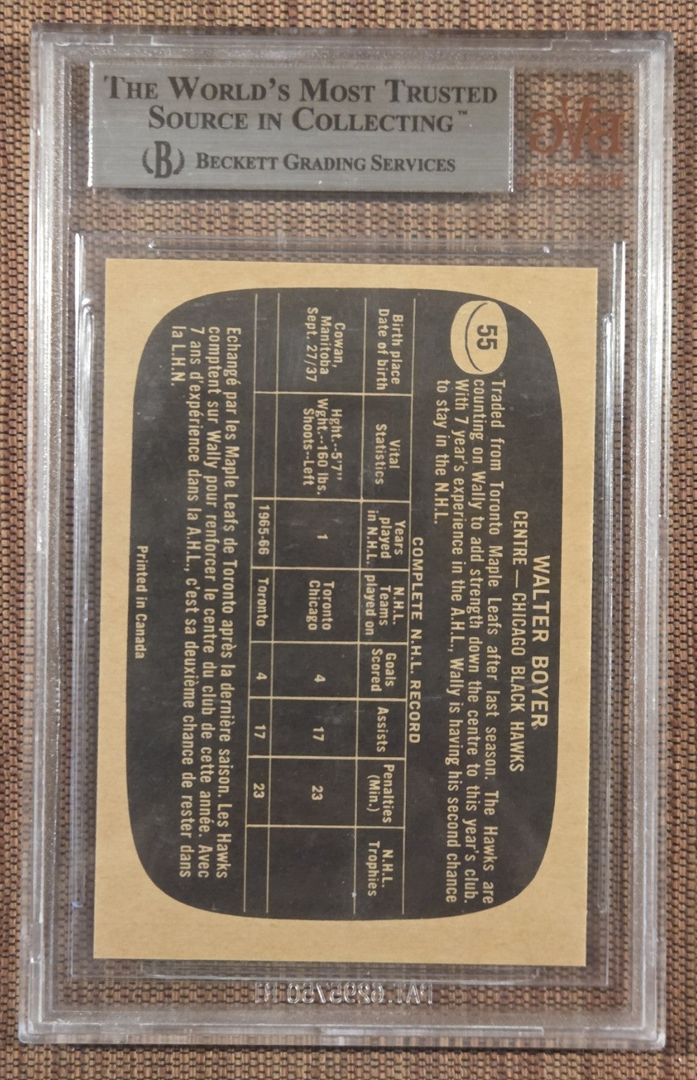 1966 Topps #55 Wally Boyer Chicago Blackhawks Rookie Hockey Card BVG 9 Mint RC1