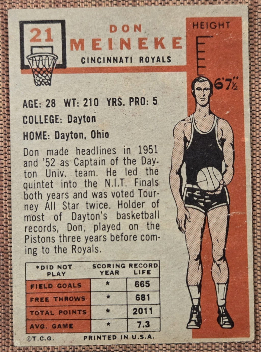 1957 Topps #21 Don Meineke Cincinnati Royals Original Rookie Basketball Card RC5