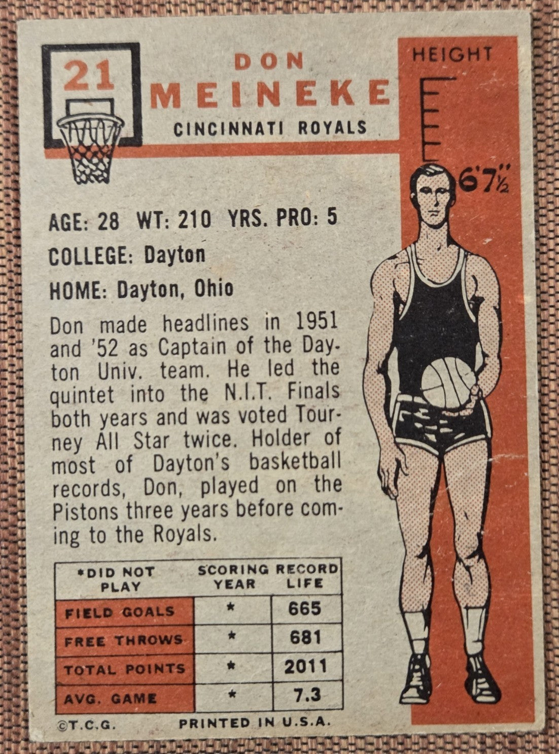 1957 Topps #21 Don Meineke Cincinnati Royals Original Rookie Basketball Card RC5