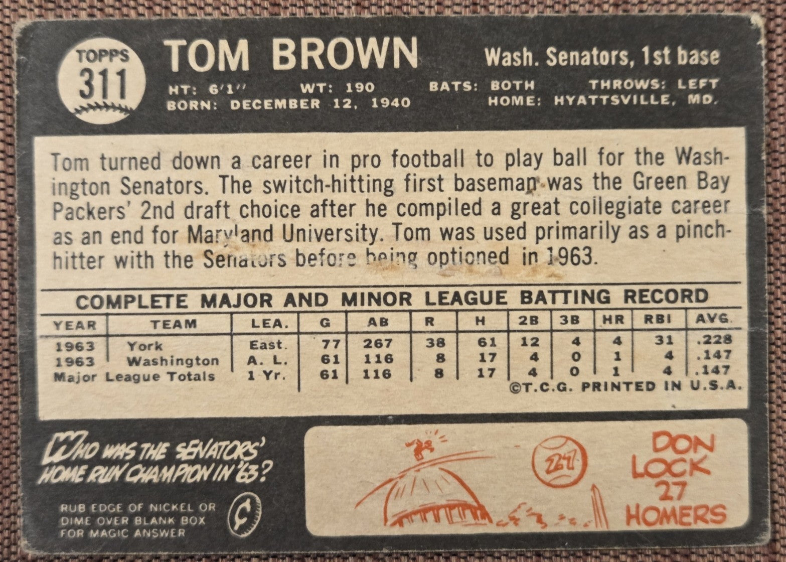 1964 Topps Venezuelan #311 Tom Brown Washington Senators Vintage Baseball Card5