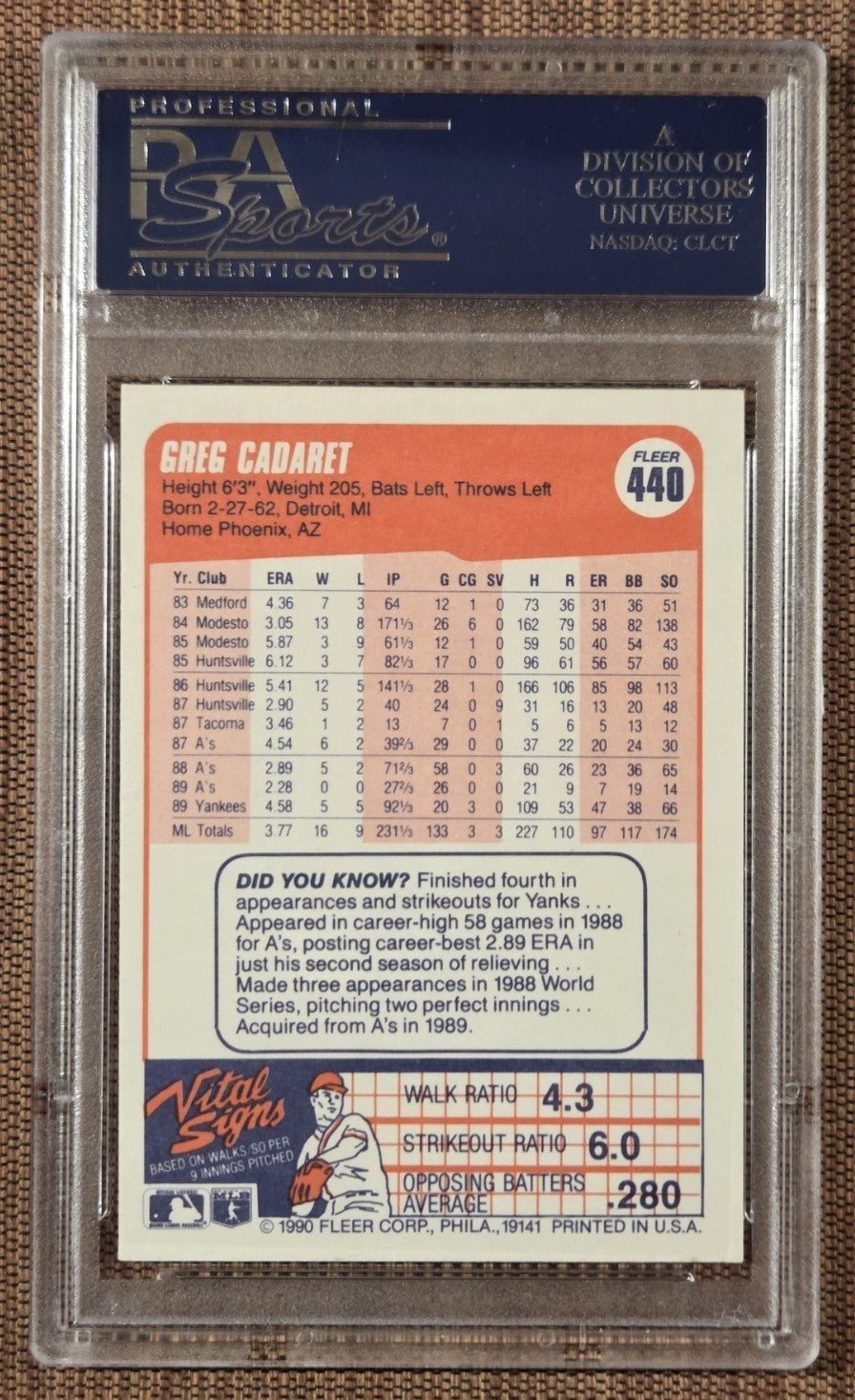 1990 Fleer #440 Greg Cadaret New York Yankees Baseball Card PSA 6 / DNA AUTO1