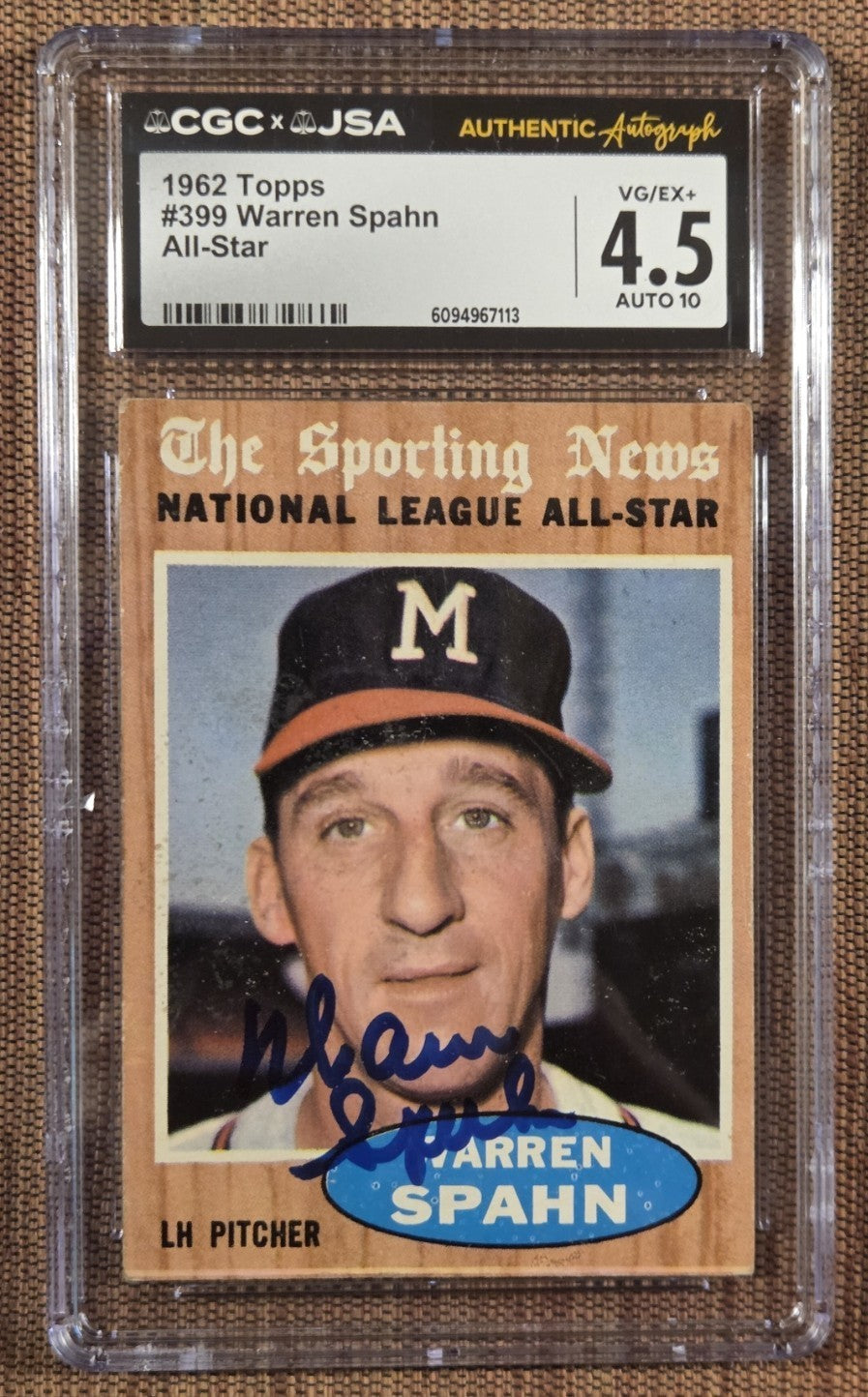 1962 Topps #399 Warren Spahn Braves Baseball Card CGC 4.5 / JSA 10 AUTO HOF0